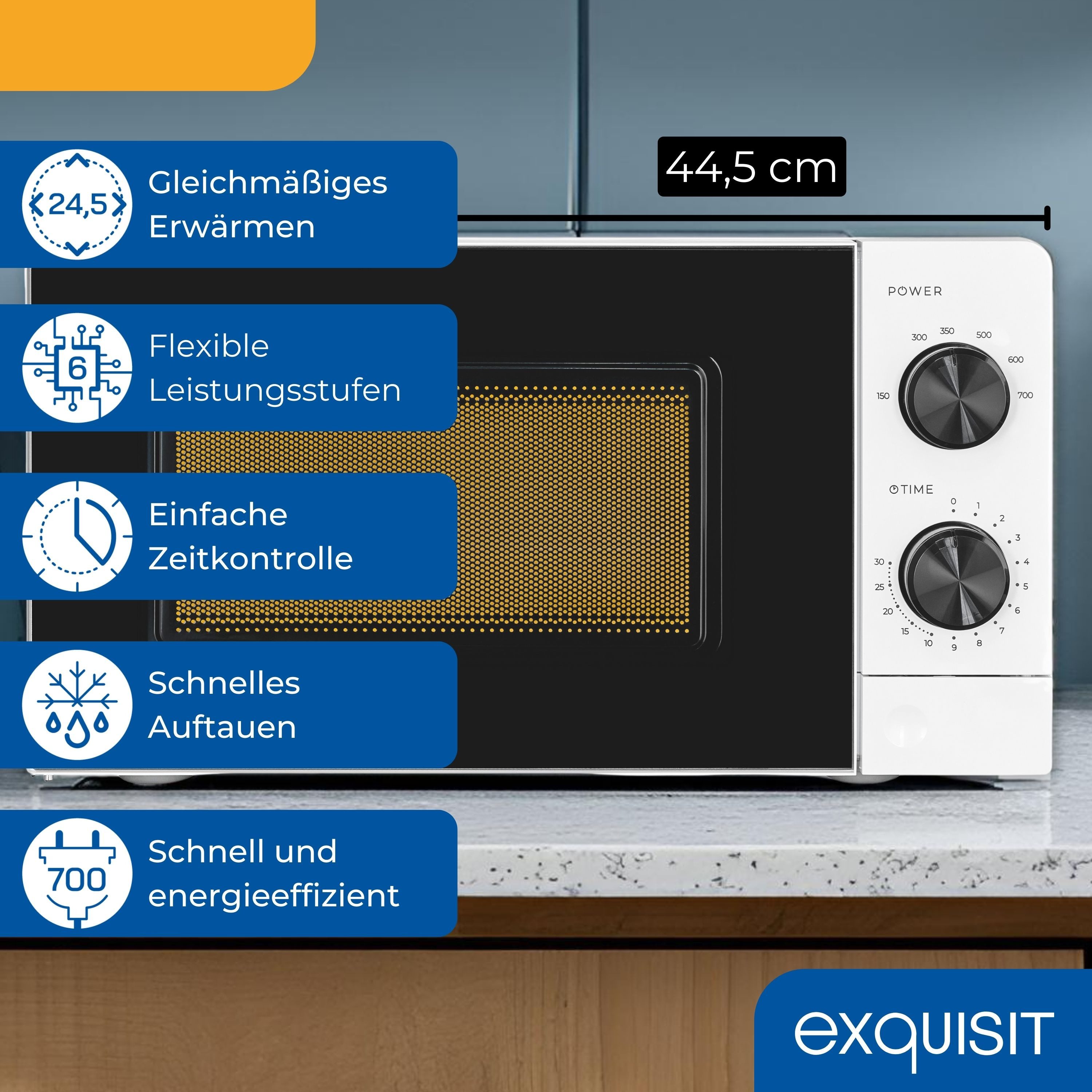 exquisit Mikrowelle MW850‐070, Mikrowelle, 20,00 l, 700 Watt, Timer, 6 Leistungsstufen, 245 mm Drehteller, moderne Optik