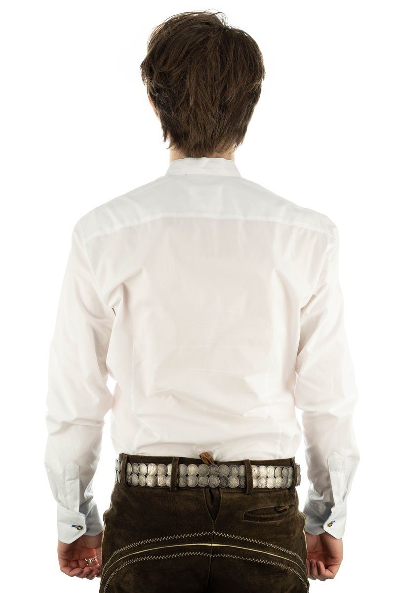 besticktem Omsaya weiß-mittelblau mit Trachtenhemd mit OS-Trachten Stehkragen Langarmhemd Riegel