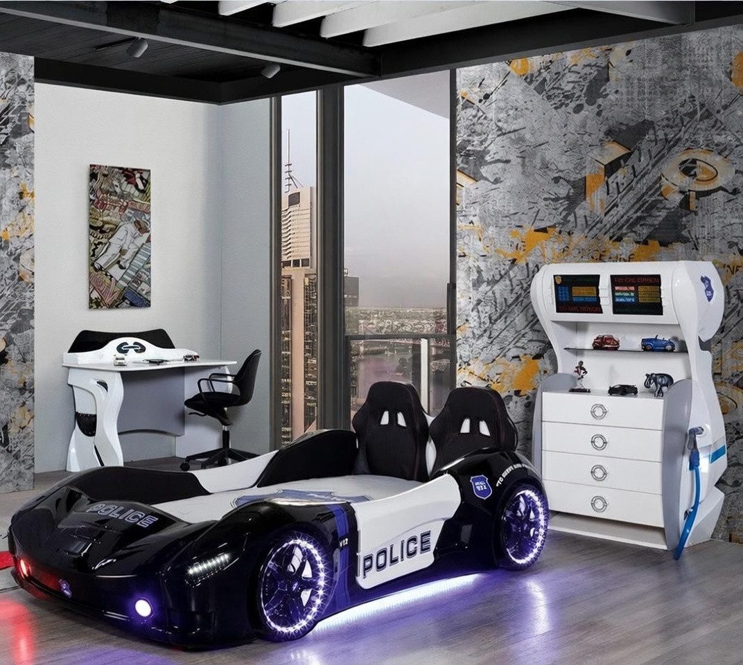 JVmoebel Jugendzimmer-Set Polizei Kinderbett mit Kommode und Schreibtisch in Blau, (3-tlg., 1x Kinderbett + 1x Kommode + 1x Schreibtisch), Made in Europa