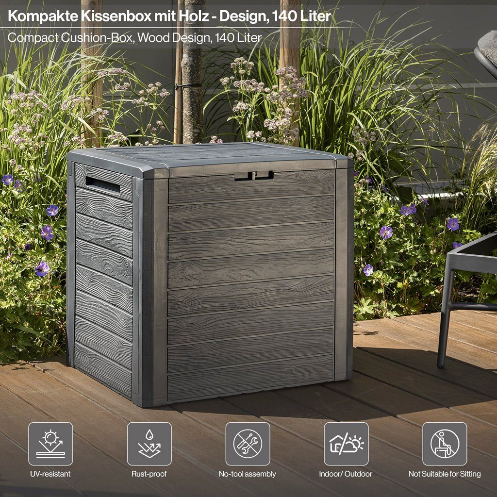 Kreher Kissenbox "WOOD" 140 Liter Volumen in Holz Optik (Anthrazit)