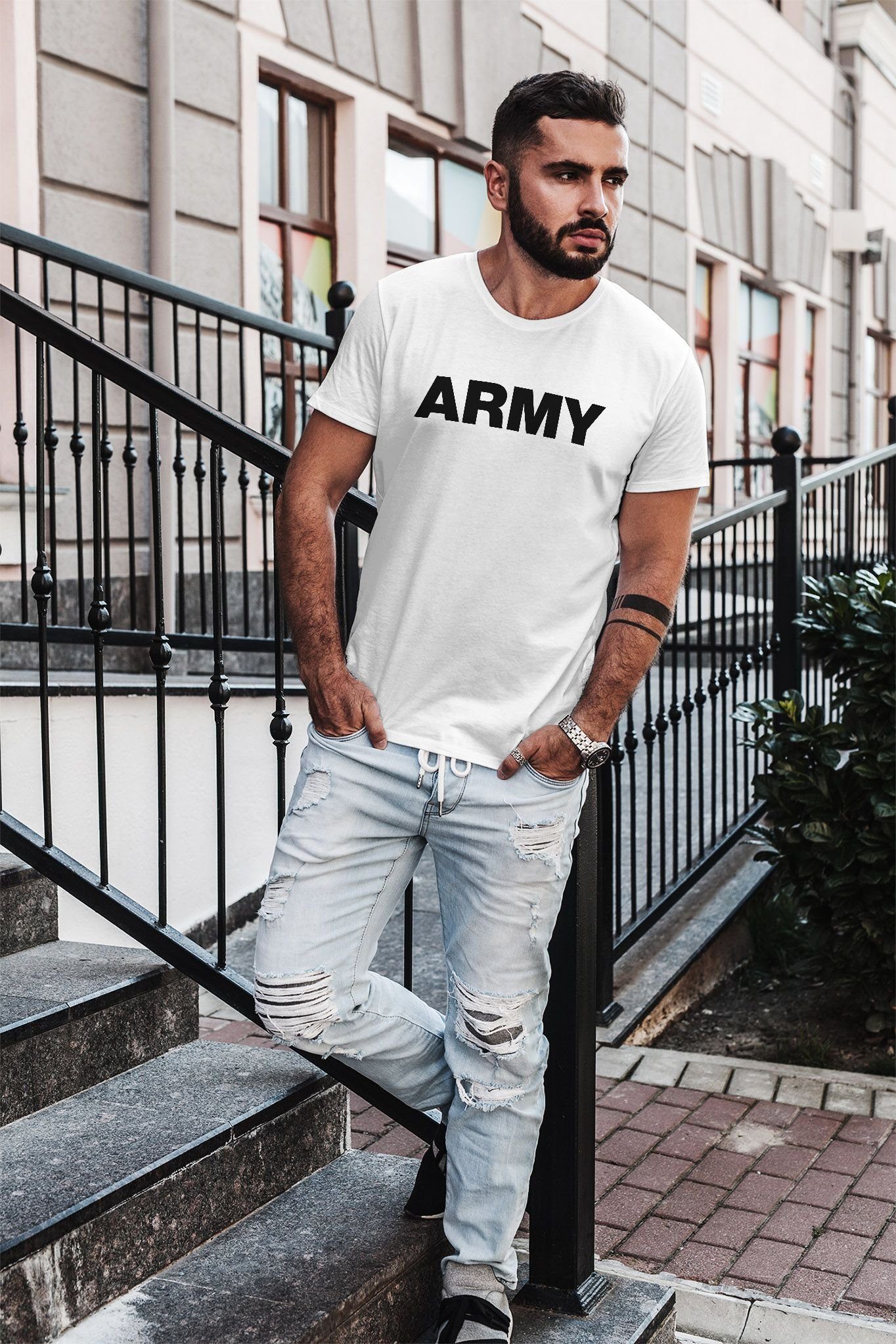 Army weiß mit Herren T-Shirt Streetstyle Print Neverless Print-Shirt Print Aufdruck cooles Neverless® Fashion