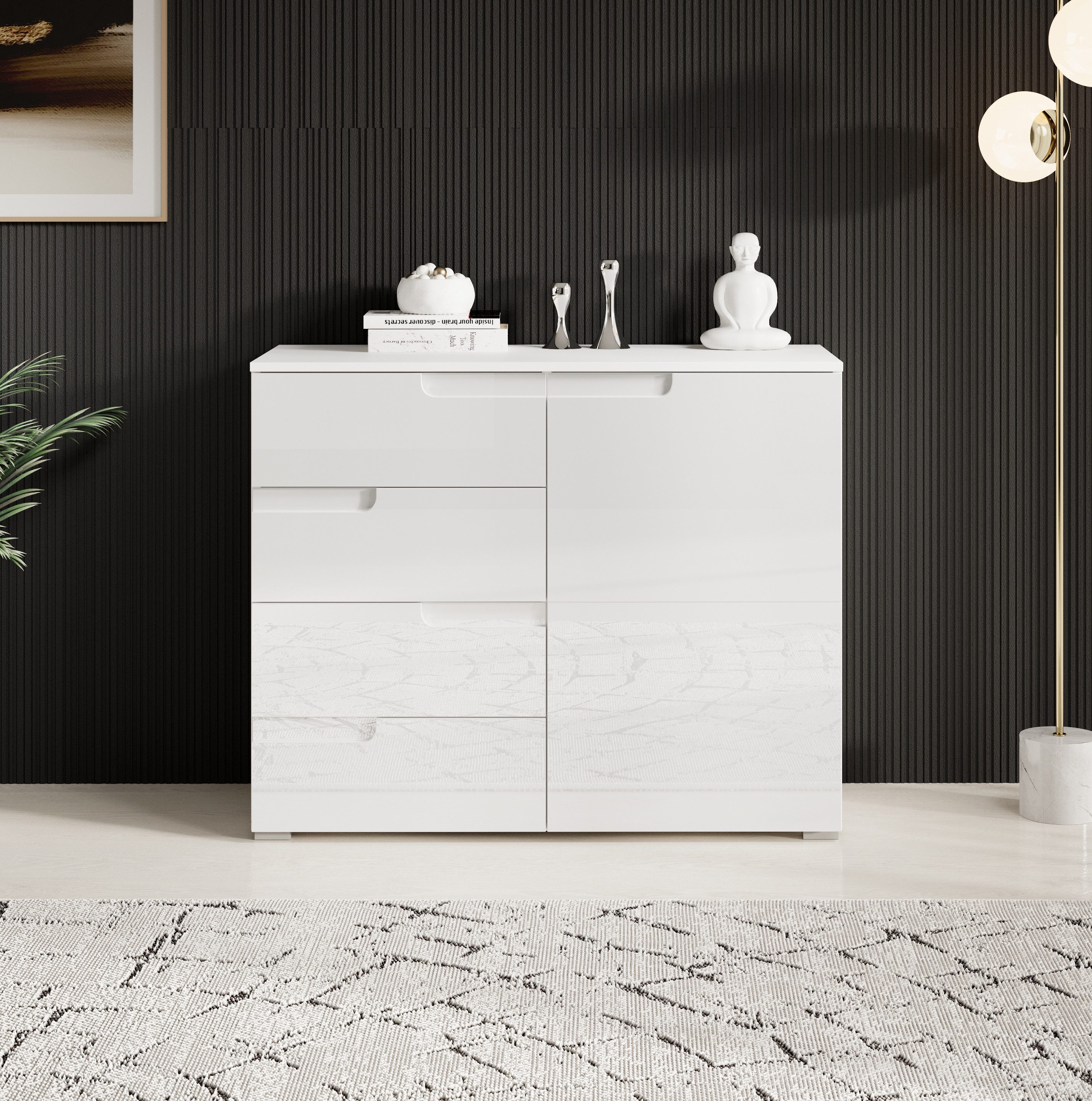 HBZ Kommode Spice weiß hochglanz, BxHxT 100x80x40 cm, Kommode mit 1 Tür, 4 Schubkästen und 1 Einlegeboden