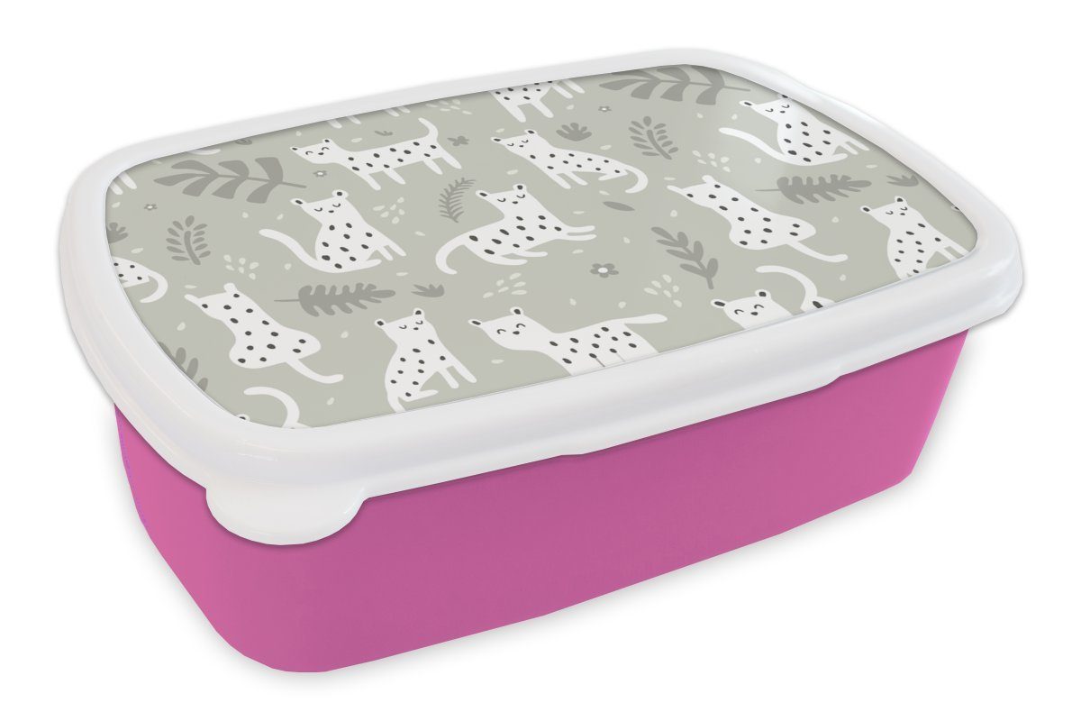 MuchoWow Lunchbox Muster - Leopard - Blätter, Kunststoff, (2-tlg), Brotbox für Erwachsene, Brotdose Kinder, Snackbox, Mädchen, Kunststoff rosa