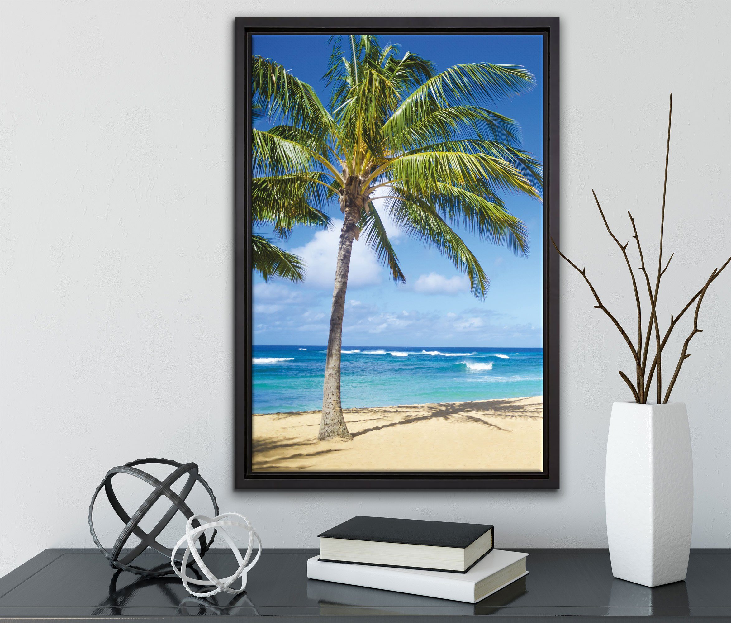 Schattenfugen-Bilderrahmen St), Pixxprint mit Zackenaufhänger Leinwandbild Wanddekoration Strand fertig (1 in inkl. bespannt, gefasst, Leinwandbild Wunderschöner Palmen, einem