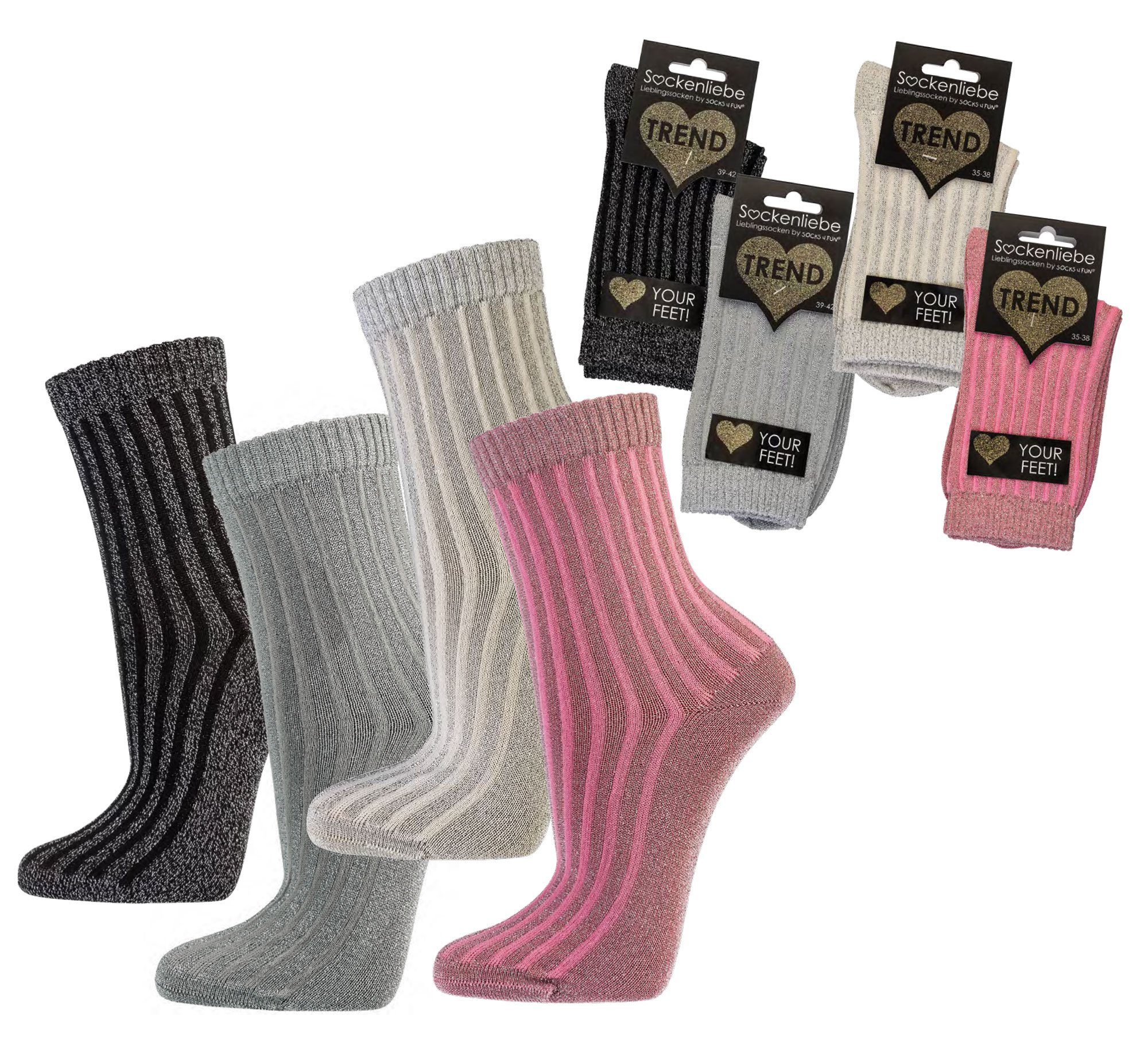 Wowerat Socken Damen Socken Glamour edles Streifen Design mit glitzerndem  Lurexgarn (2 Paar) glitzerndes Lurexgarn