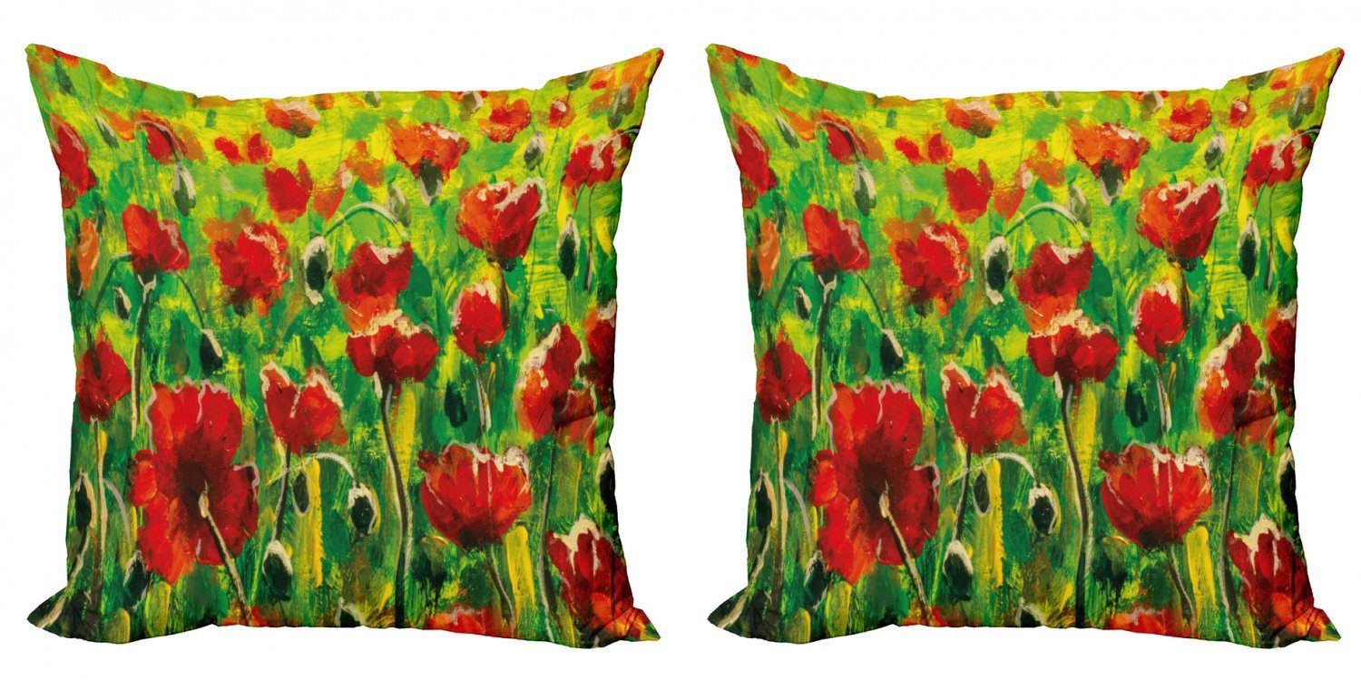 Kissenbezüge Modern Accent Doppelseitiger Digitaldruck, Abakuhaus (2 Stück), Ölgemälde Mohnblumen auf grünem Gras | Kissenbezüge