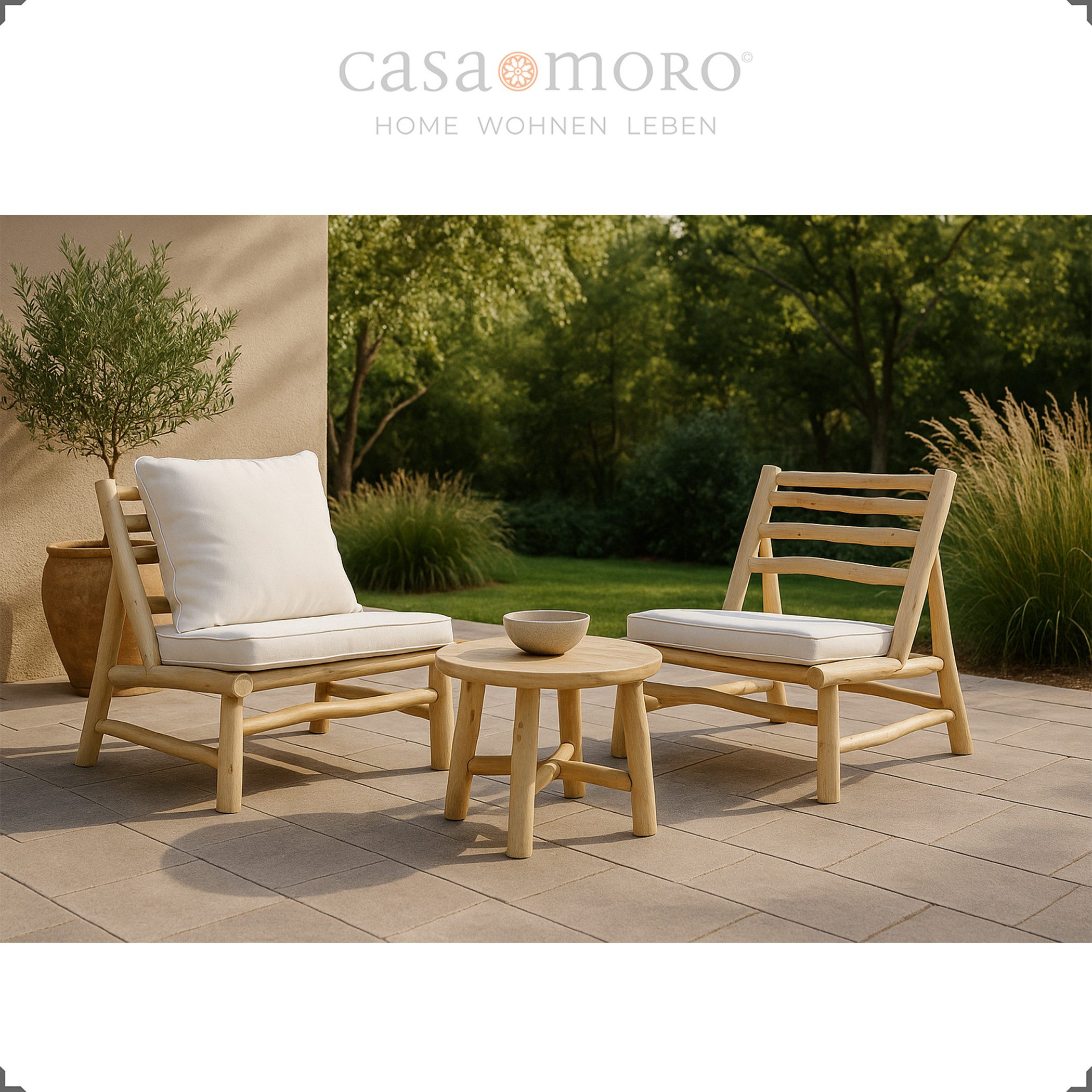 Casa Moro Gartensessel Loungesessel 2er Set Teak Holz Garten Sessel Indoor & Outdoor, aus massiven Teakholz-Ästen, Bezüge abnehmbar & waschbar