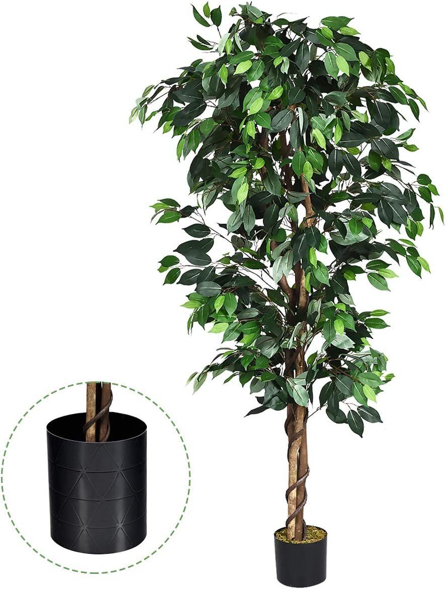 Kunstpflanze 180cm Höhe mit Blättern 1008 Ficusbaum KOMFOTTEU, Kunstbaum Echtholzstamm Topf, und mit cm, 180