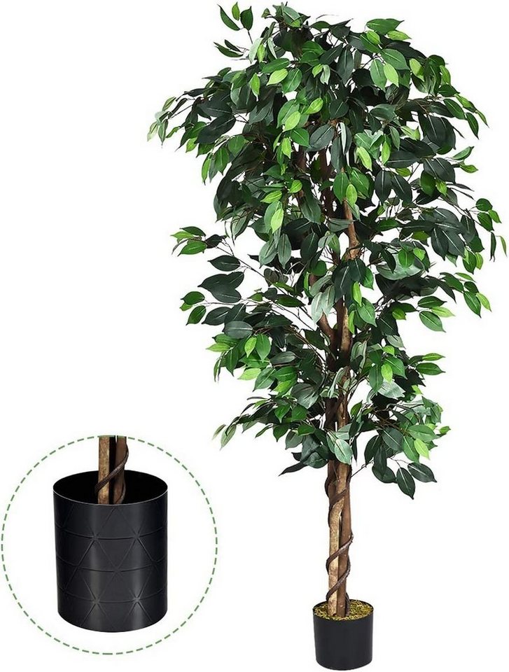 Kunstpflanze 180cm Ficusbaum mit Topf, KOMFOTTEU, Höhe 180 cm, Kunstbaum  mit 1008 Blättern und Echtholzstamm