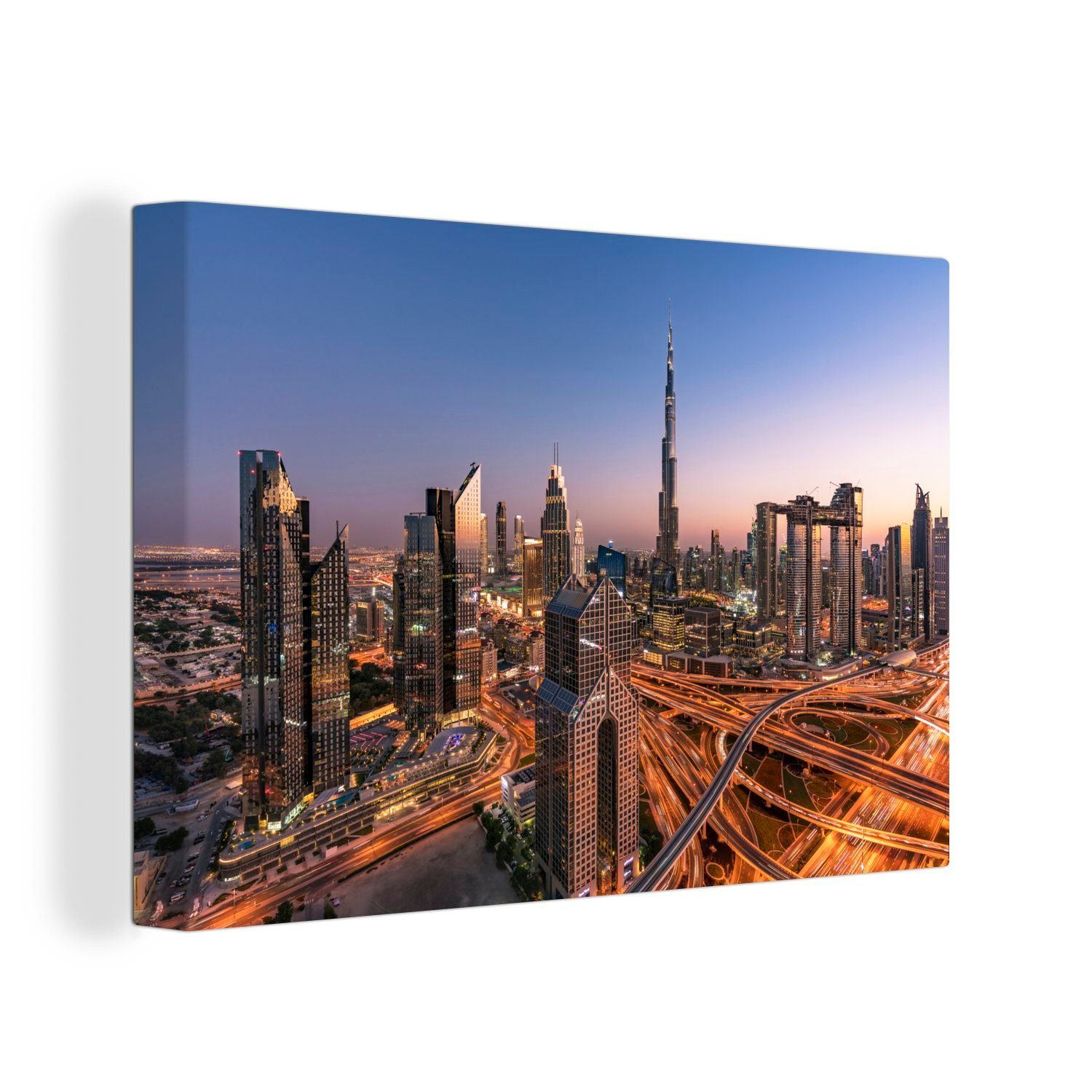 OneMillionCanvasses® Leinwandbild Skyline von Dubai mit Verkehr, Vereinigte Emirate, Fotodruck (1 St), Leinwand Bilder Klein, Wand Dekoration Aesthetic 30x20 cm