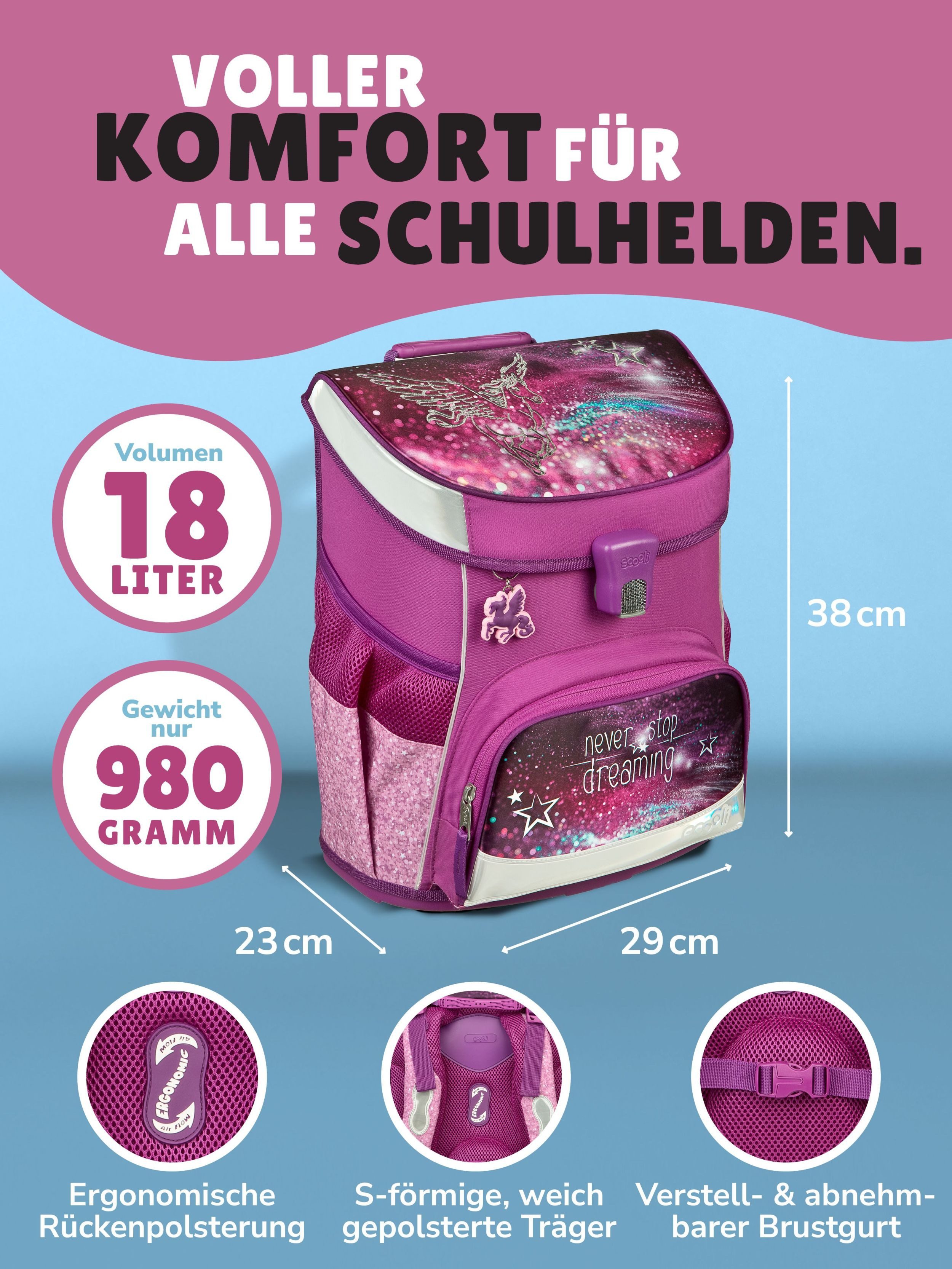 Scooli Schulranzen CampusFit Schultasche ab der 1. Klasse, Grundschule, Motiv für Mädchen (Set, 5-tlg., inkl. Federmappe), 980 Gramm; mit Brustgurt; 18L Volumen; Lila/Violett mit PEGASUS Pferd