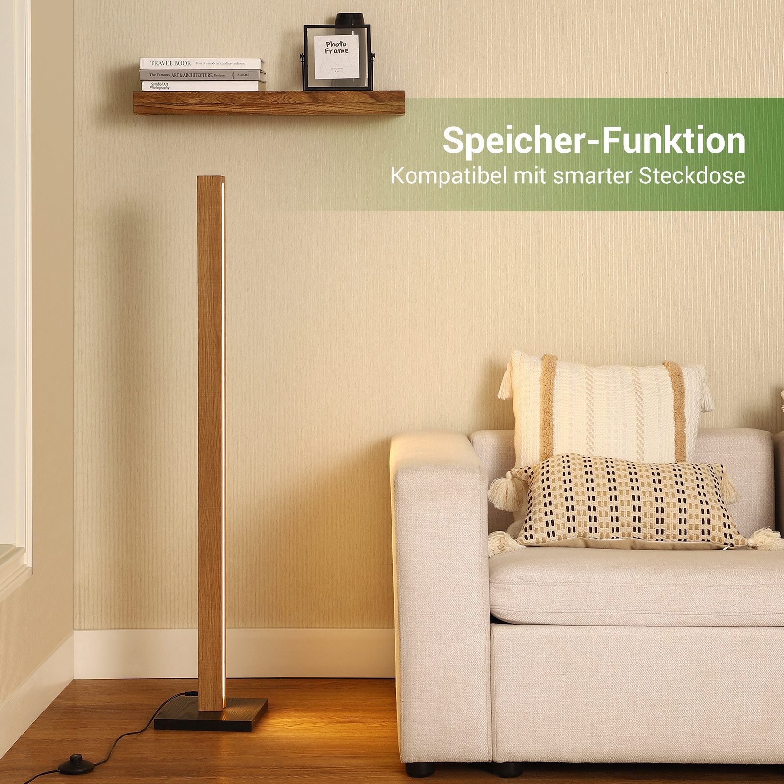 EDISHINE LED Stehlampe Holz, Stehleuchte Dimmbar, LED fest integriert, Warmweiß, Eckelampe mit Fußschalter