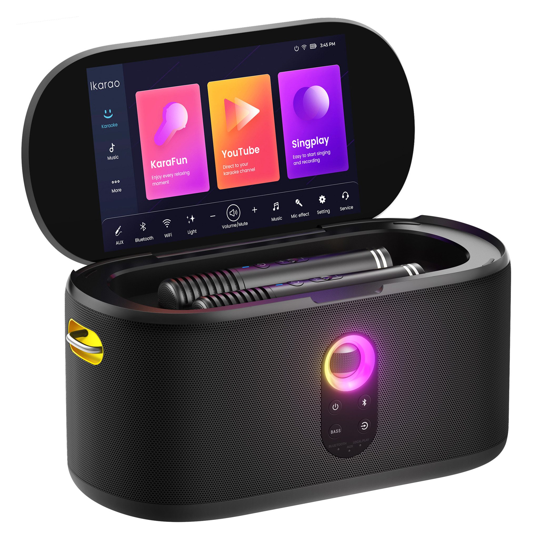 Ikarao IKARAO Shell S1 Karaoke-Maschine 2.0 (Bluetooth, 280 W, Touchscreen, Bluetooth-Streaming, WiFi, HDMI, Selbstlade-Mikros)