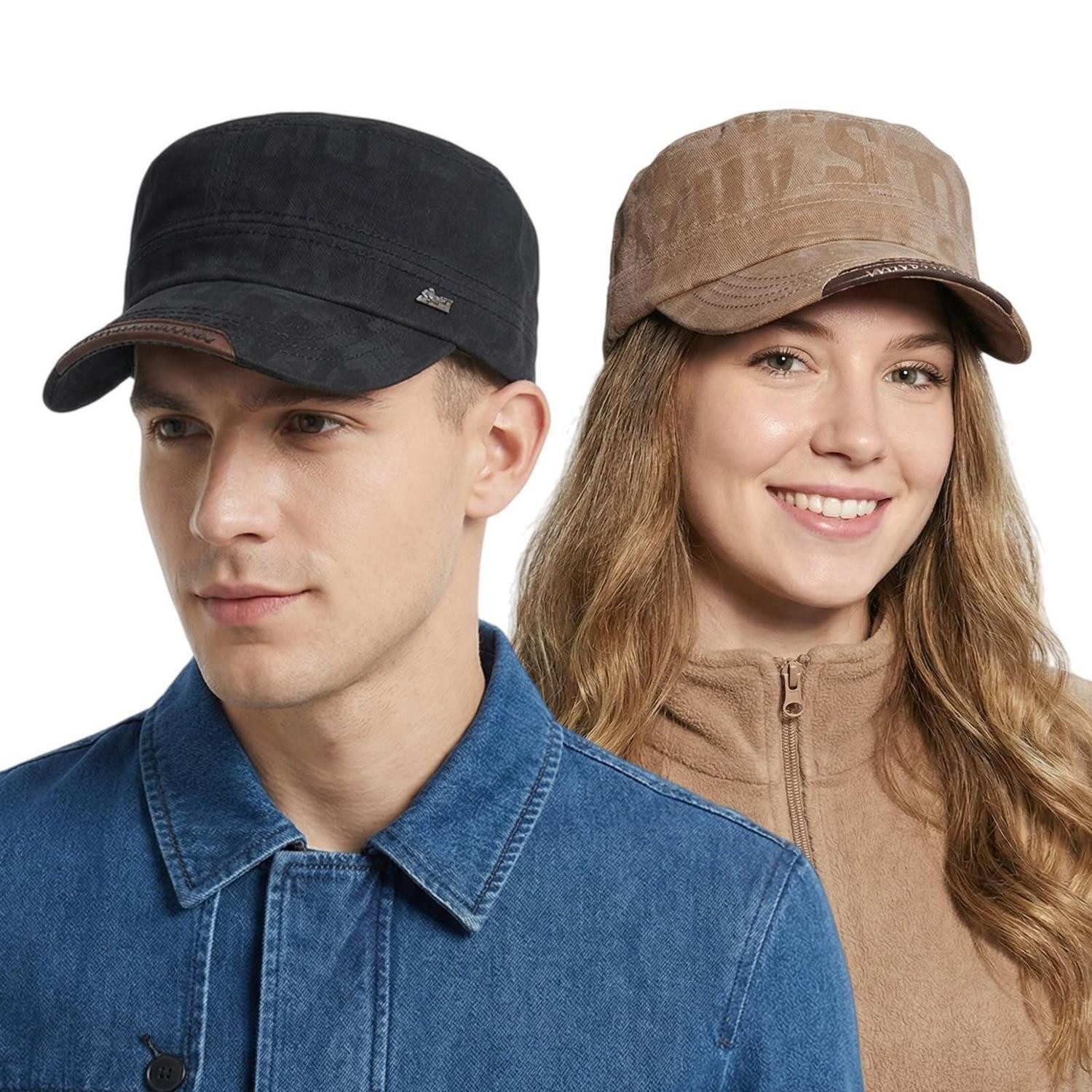 LuxusKollektion Flat Cap Flatcap Herren Baumwolle Cadet Militär verstellbar M-L Schwarz Camel
