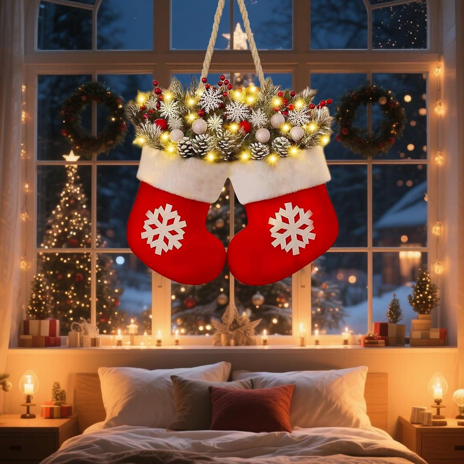 Kunstkranz Türkranz Weihnachten Beleuchtet, Hängende LED Weihnachtsdeko Haustür, Coonoor, für Haustür, Fenster, Wand Hängende Deko – Bild 5 von 5