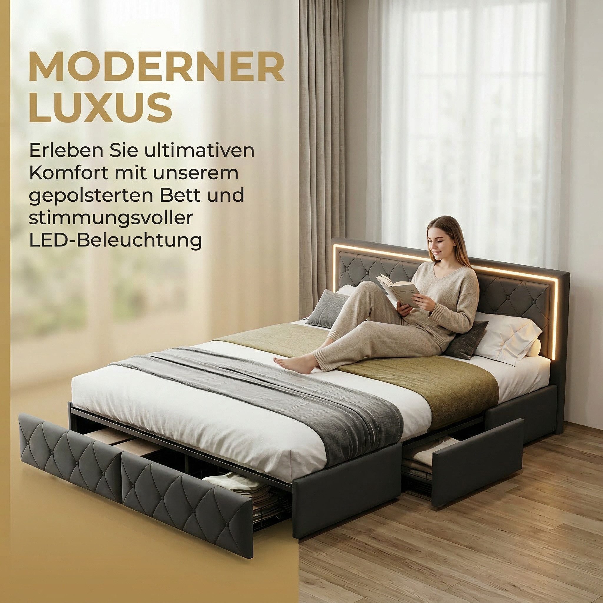 PXloue Polsterbett LED Doppelbett Stauraumbett (1 tlg., Kopfteil hochstellbar), mit 3 Schublade, LED-Beleuchtung, Gepolsterte Rückenlehne, 160x200cm