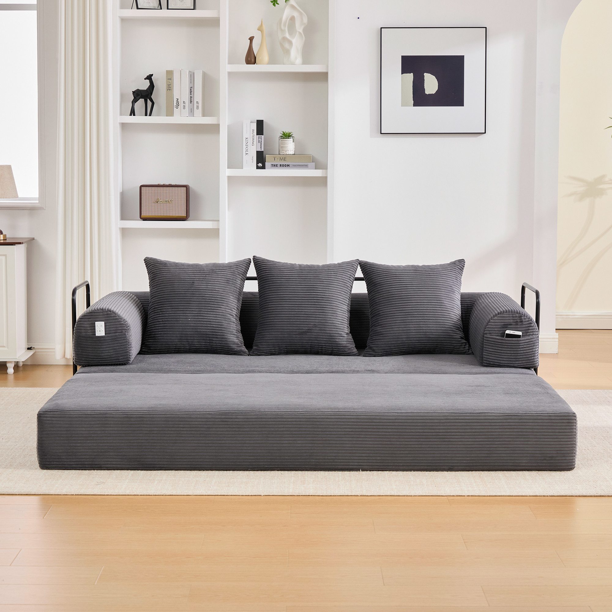 STILVORA Schlafsofa mit Seitentaschen,Klappsofa Relaxsofa mit Kissen&Metallrahmen, Stoffbezug, inklusive 3 Kissen und praktischen Seitentaschen, flexibel kombinierbar zur individuellen Loungegestaltung