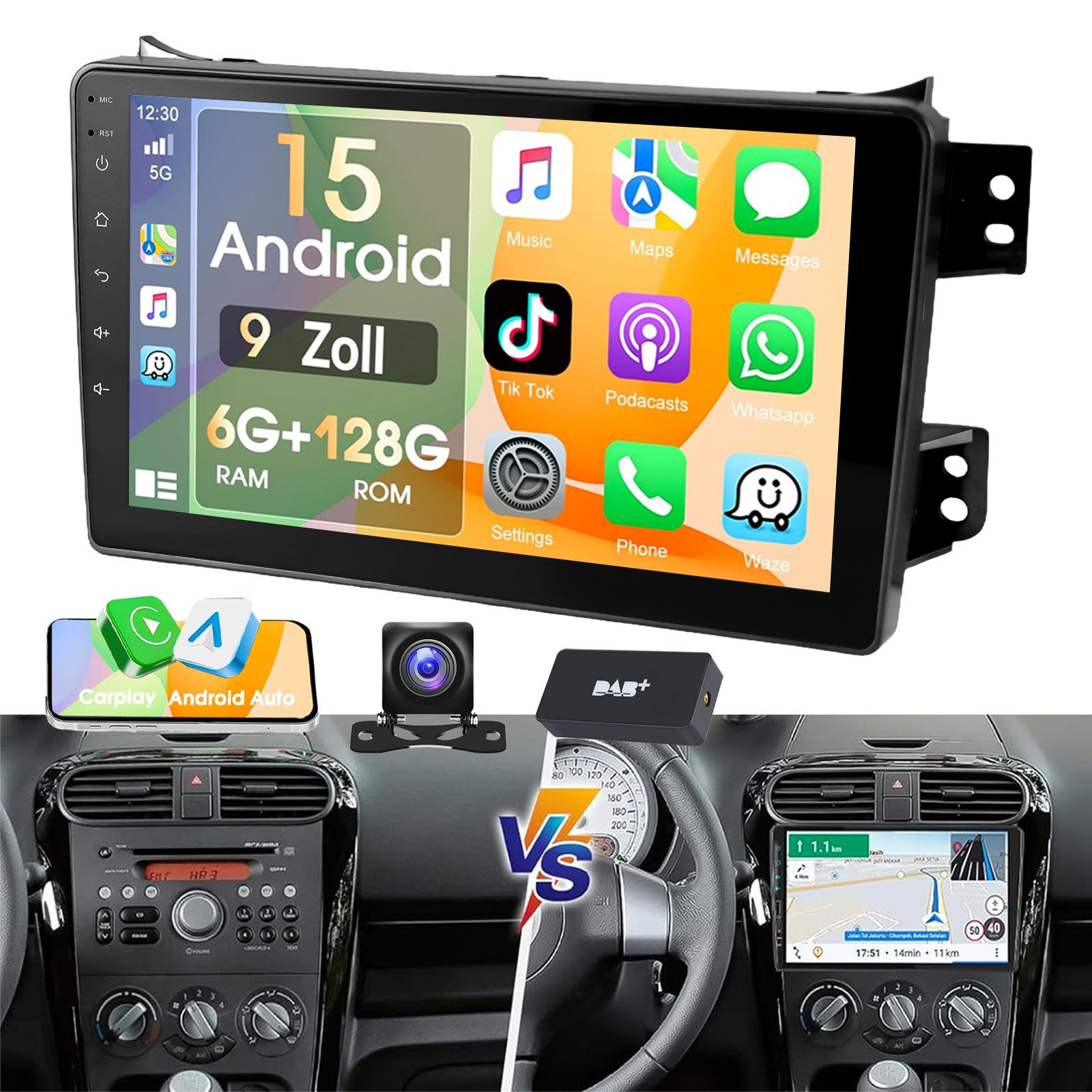 ESSGOO DAB+ Carplay 6+128G Android 15 Für Suzuki Splash Opel Agila B RDS NAVI Autoradio (Digitalradio (DAB), RDS, 6GB+128GB, AM, FM, 4G, Carplay Android Auto Bluetooth EQ USB GPS Navi WIFI Touchscreen)