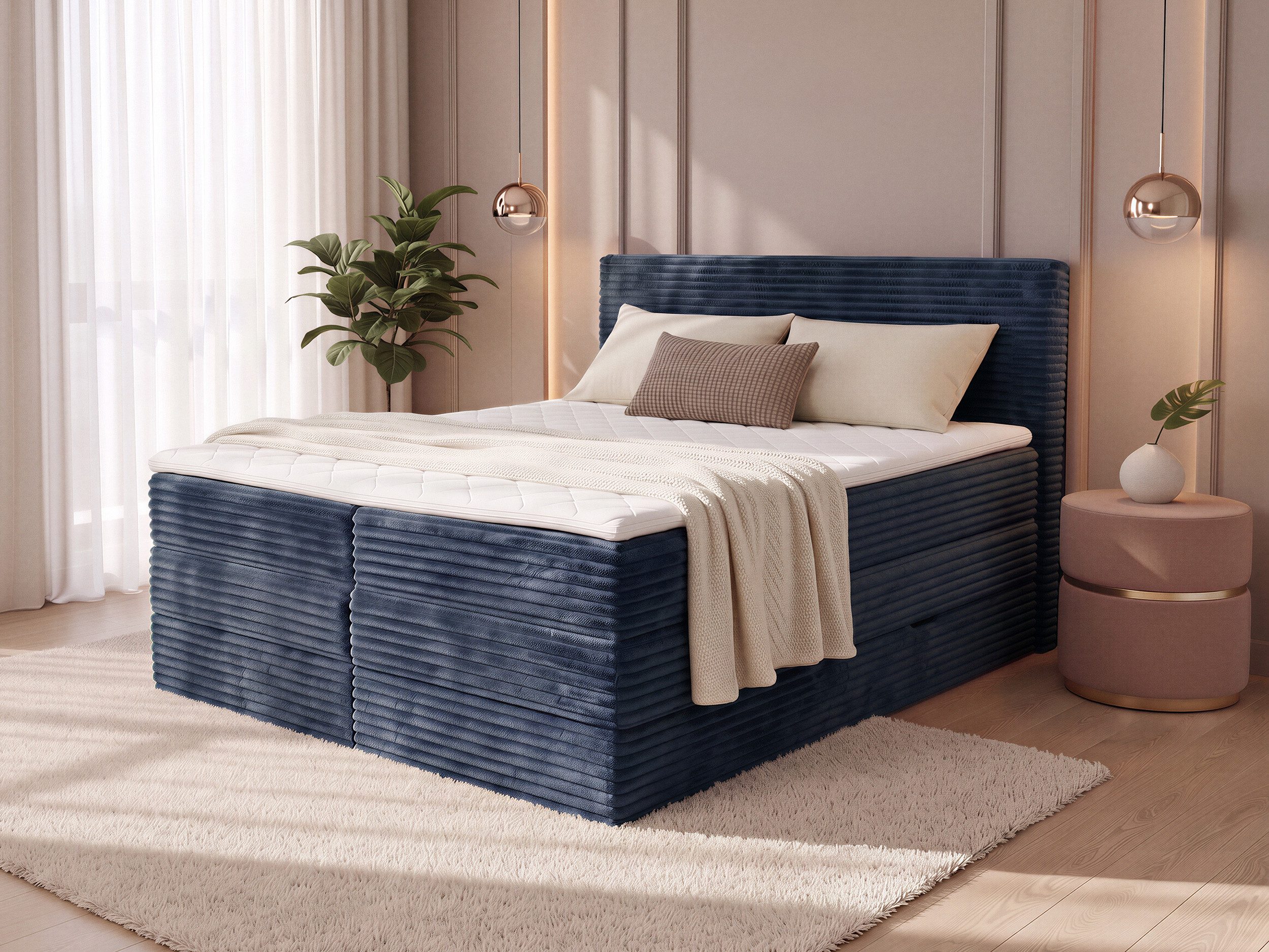 Sofnet Boxspringbett Mollo XL (2x Bettkästen, Bonellfederkern- und Taschenfederkernmatratze, Topper), Polsterbett, Doppelbett, Cord Bezug, mit Kopfteil, 140/160/180x200 cm