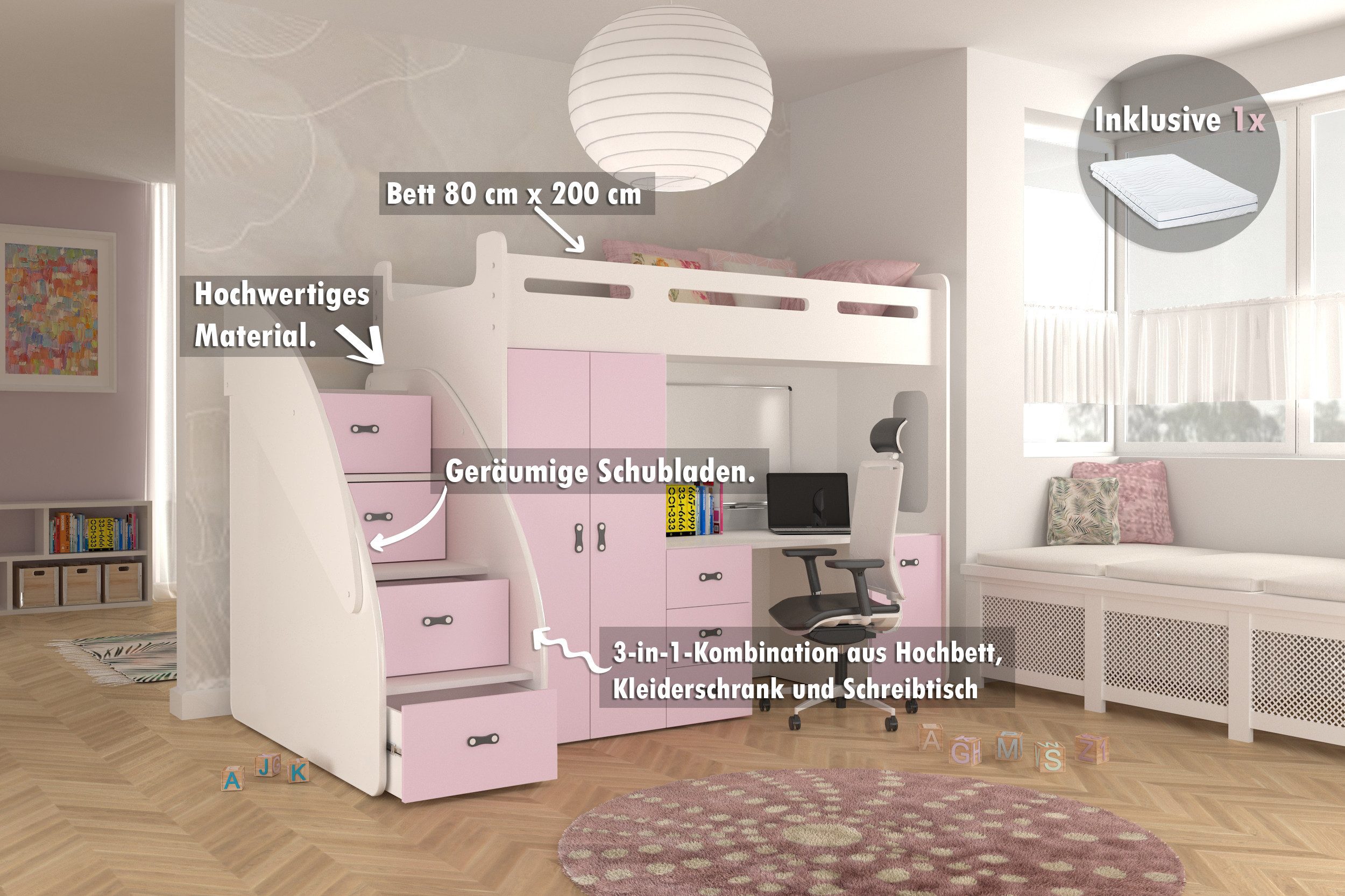 AJKmeble Hochbett Etagenbett 80x200cm mit Treppe, Schrank und Schreibtisch günstig online kaufen