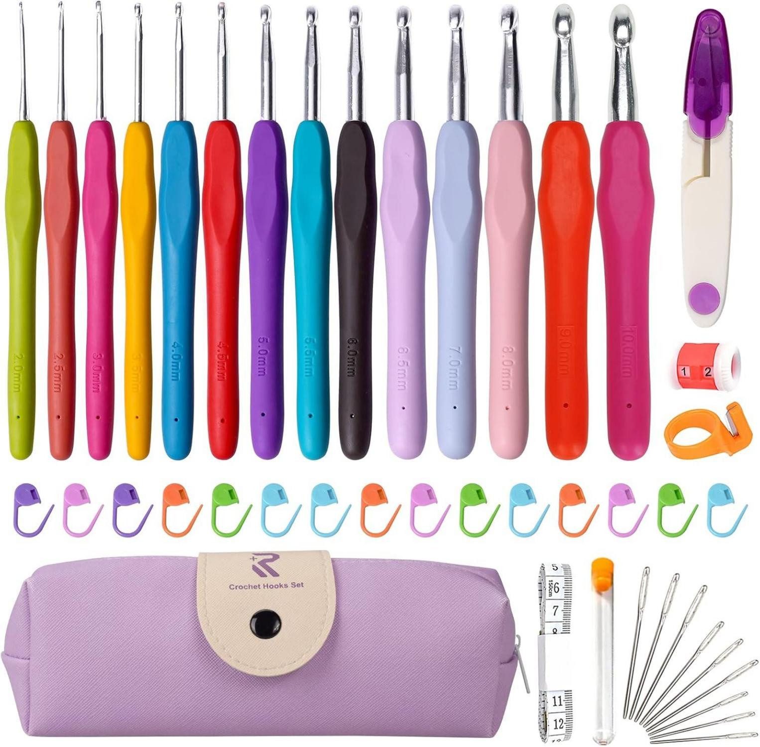 Häkelnadeln 47-teiliges Häkelnadel Set, ergonomische Gummigriffe, in voller