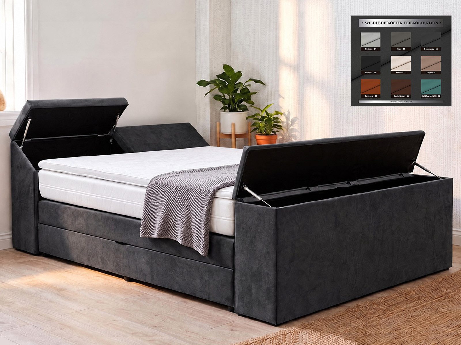 PAARA Boxspringbett Dubai mit Bettkasten Kopfteil Fußteil Stauraum, mit einzigartigem Belüftungssystem