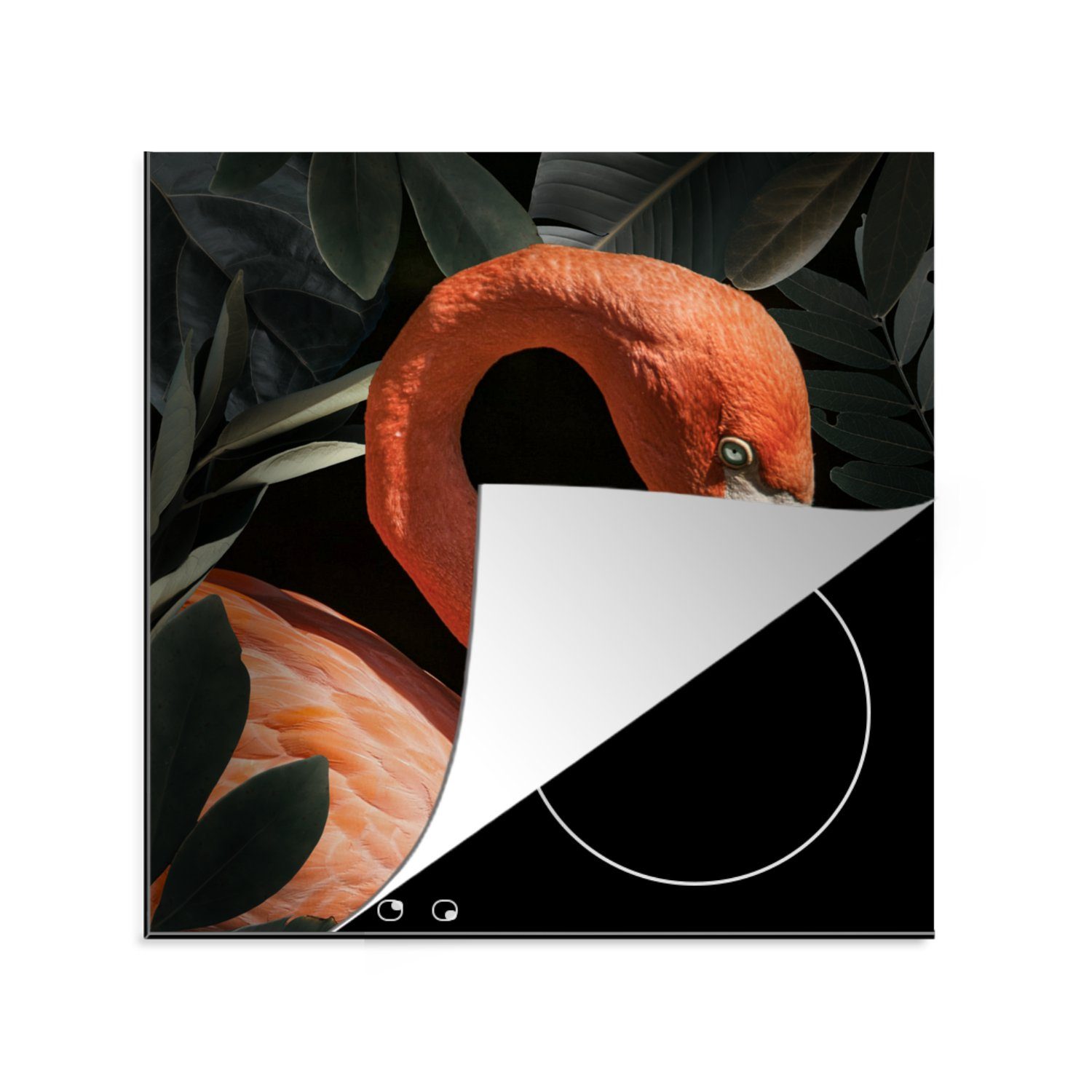 MuchoWow Herdblende-/Abdeckplatte Flamingo - Blätter - Porträt - Botanisch, Vinyl, (1 tlg), 78x78 cm, Ceranfeldabdeckung, Arbeitsplatte für küche