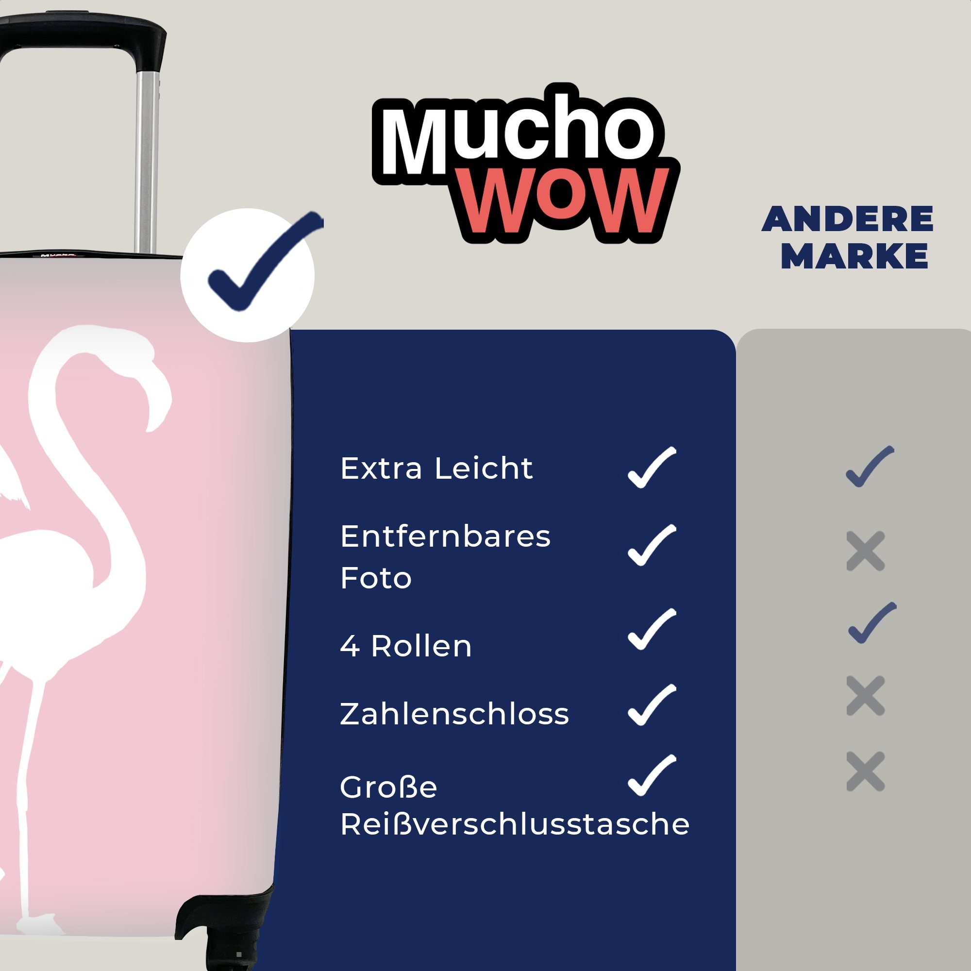 MuchoWow Handgepäckkoffer Reisetasche mit Ferien, 4 - Handgepäck Reisekoffer Flamingo, rollen, Trolley, Rosa für Weiß Rollen, 
