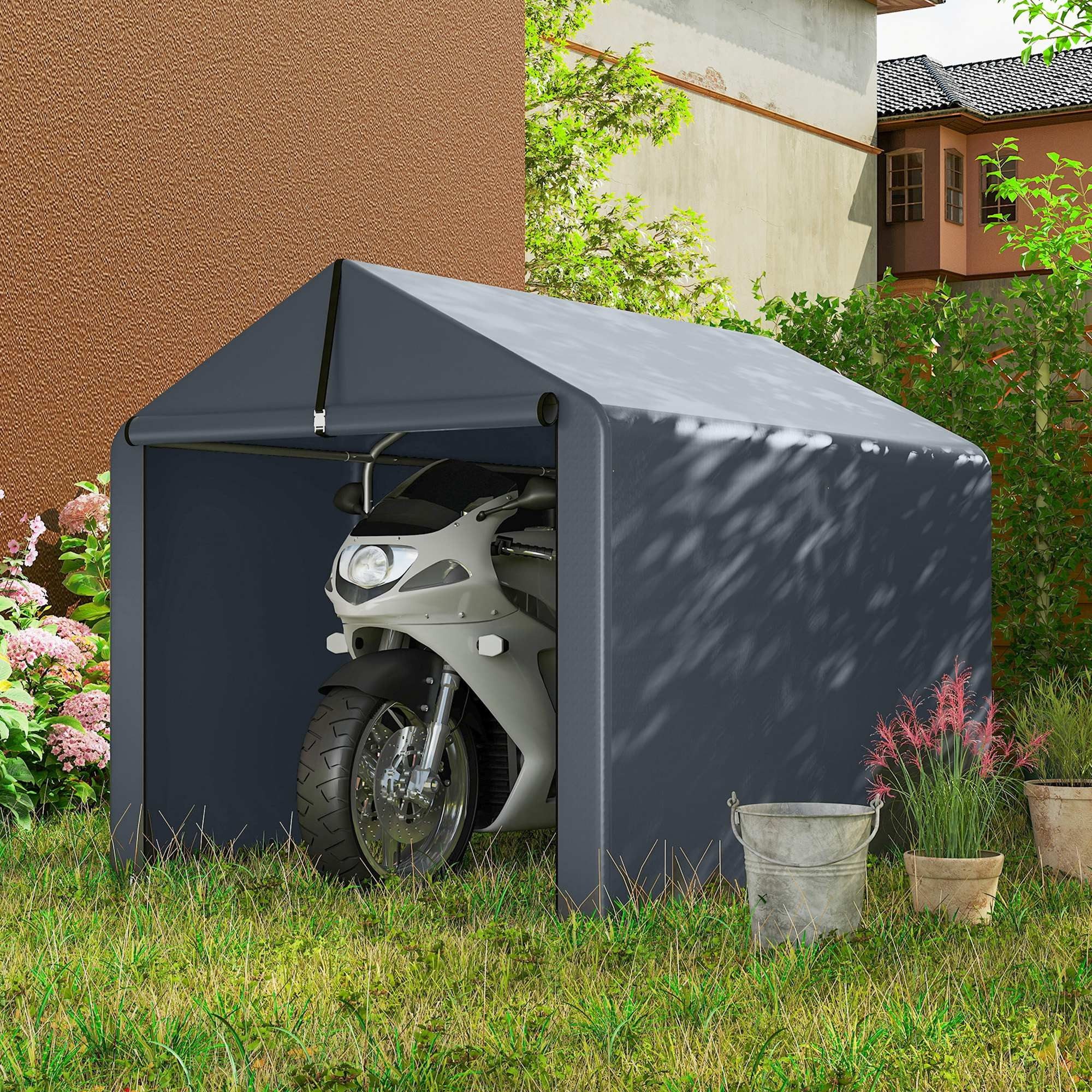 MC Star Gerätezelt Garagenzelt 2,2 x 1,6 m Wasserdicht Gerätezelt, (mit Rolltür Satteldach Stahlrahmen, UV-beständig Grau)