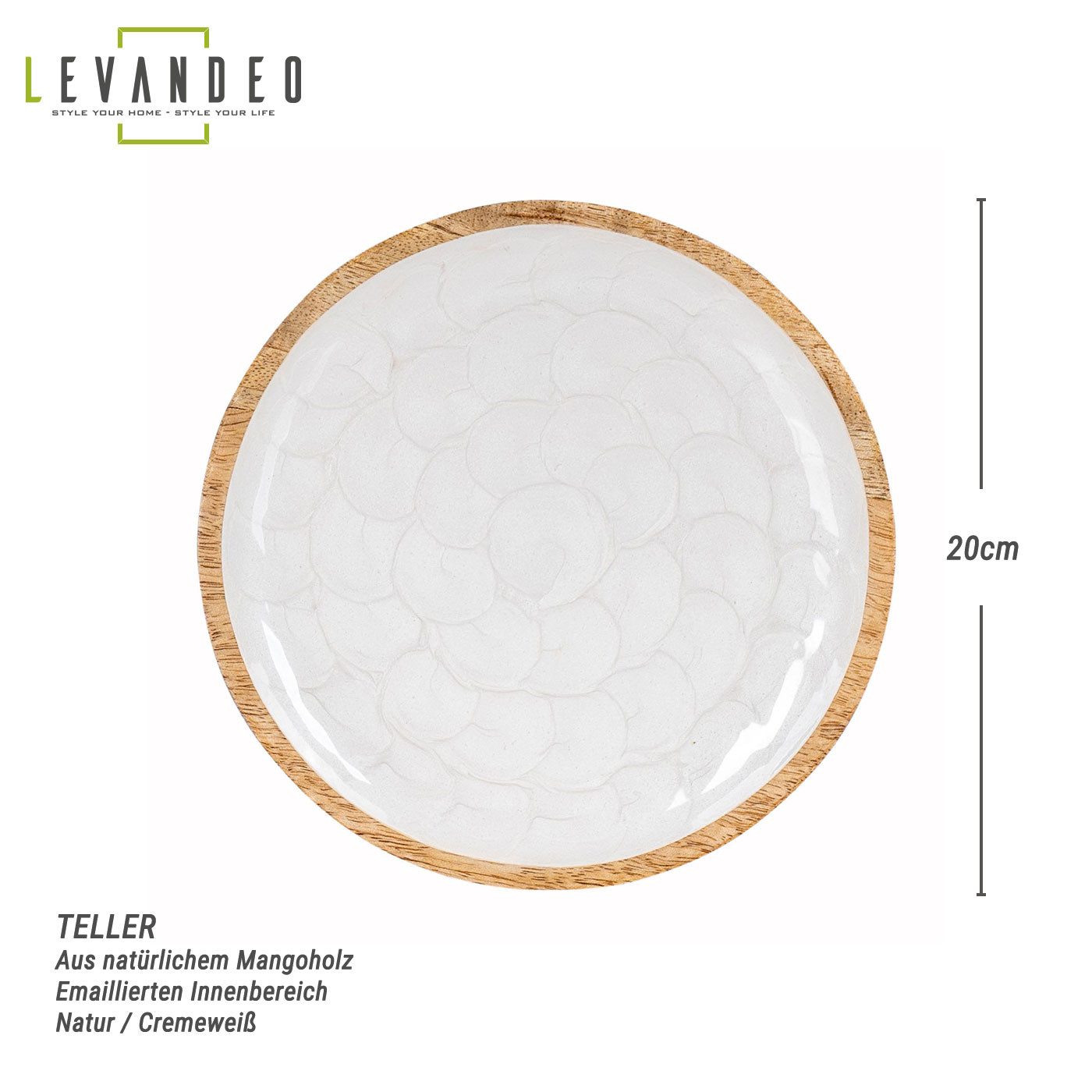 Levandeo® Dekoschale, Deko Teller 20cm Mango Holz Creme Perlmutt Emaille Snacks Schale