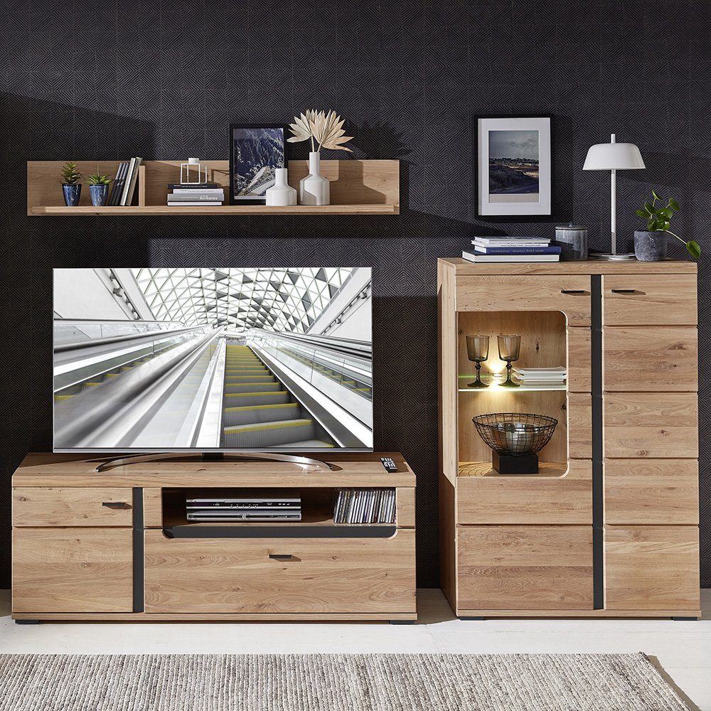 Lomadox TV-Wand STAVEN-36, (3-tlg), schwarz matt, Artisan Oak Nb., Massivholzfronten, LED Beleuchtung