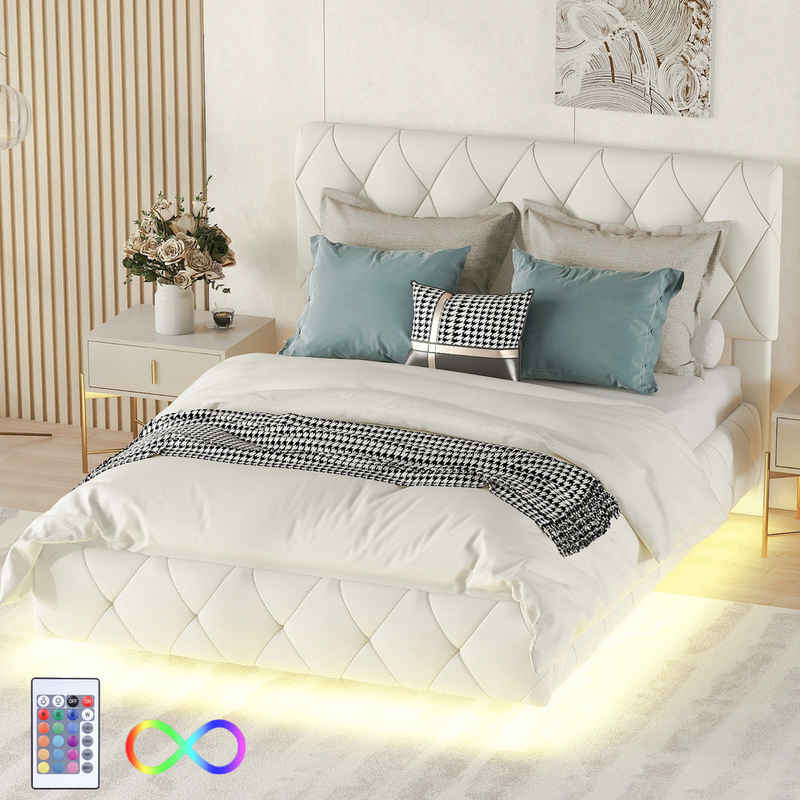 yozhiqu Polsterbett Modernes minimalistisches leichtes Luxus-Polster-Hängebett, 140x200( cm) , Schwebebett mit Lichtleisten für ein traumhaftes Schlaferlebnis