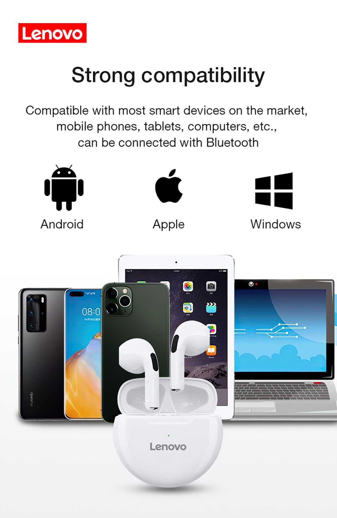250 (True Wireless, Bluetooth-Kopfhörer - Touch-Steuerung mAh Lenovo Kopfhörer-Ladehülle mit Stereo-Ohrhörer Bluetooth kabellos, Assistant, mit Google Siri, 5.0, Weiß) HT38