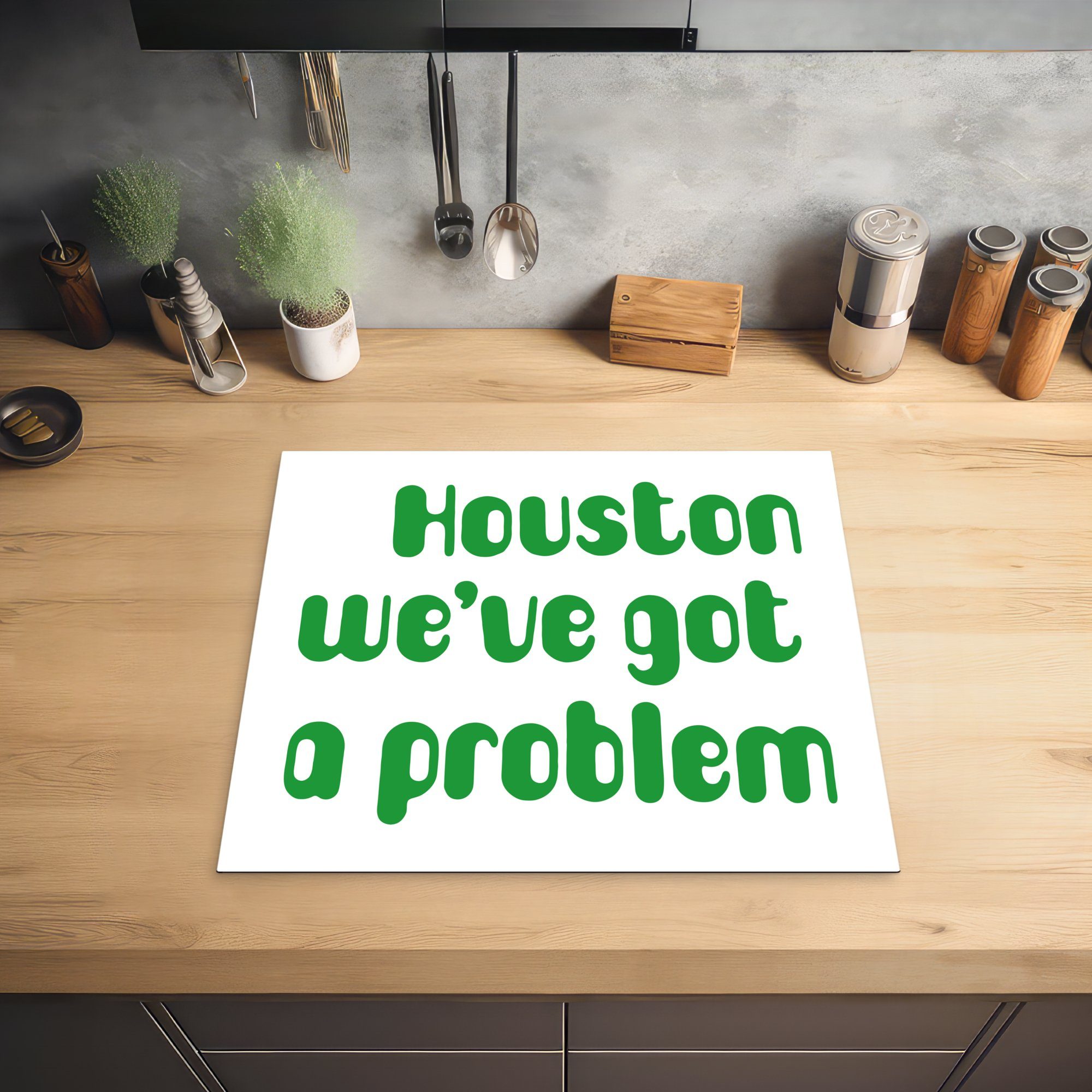MuchoWow Herdblende-/Abdeckplatte Houston wir haben Arbeitsfläche nutzbar, cm, Vinyl, in Problem (1 grünen Buchstaben, Mobile ein Ceranfeldabdeckung tlg), 60x52