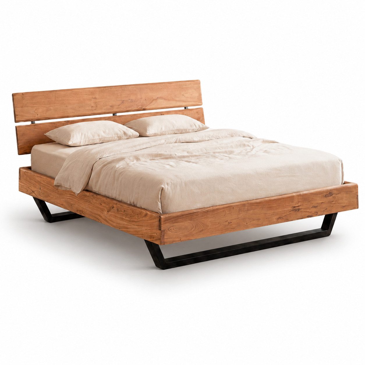 Liadomo Bettgestell Bologna, Bett, Doppelbett, Massive Eiche oder Akazie (Liegefläche 140 x 200, 160 x 200, 180 x 200 cm), Holzkopfteil, Industrial-Look, mit Metallkufen schwarz