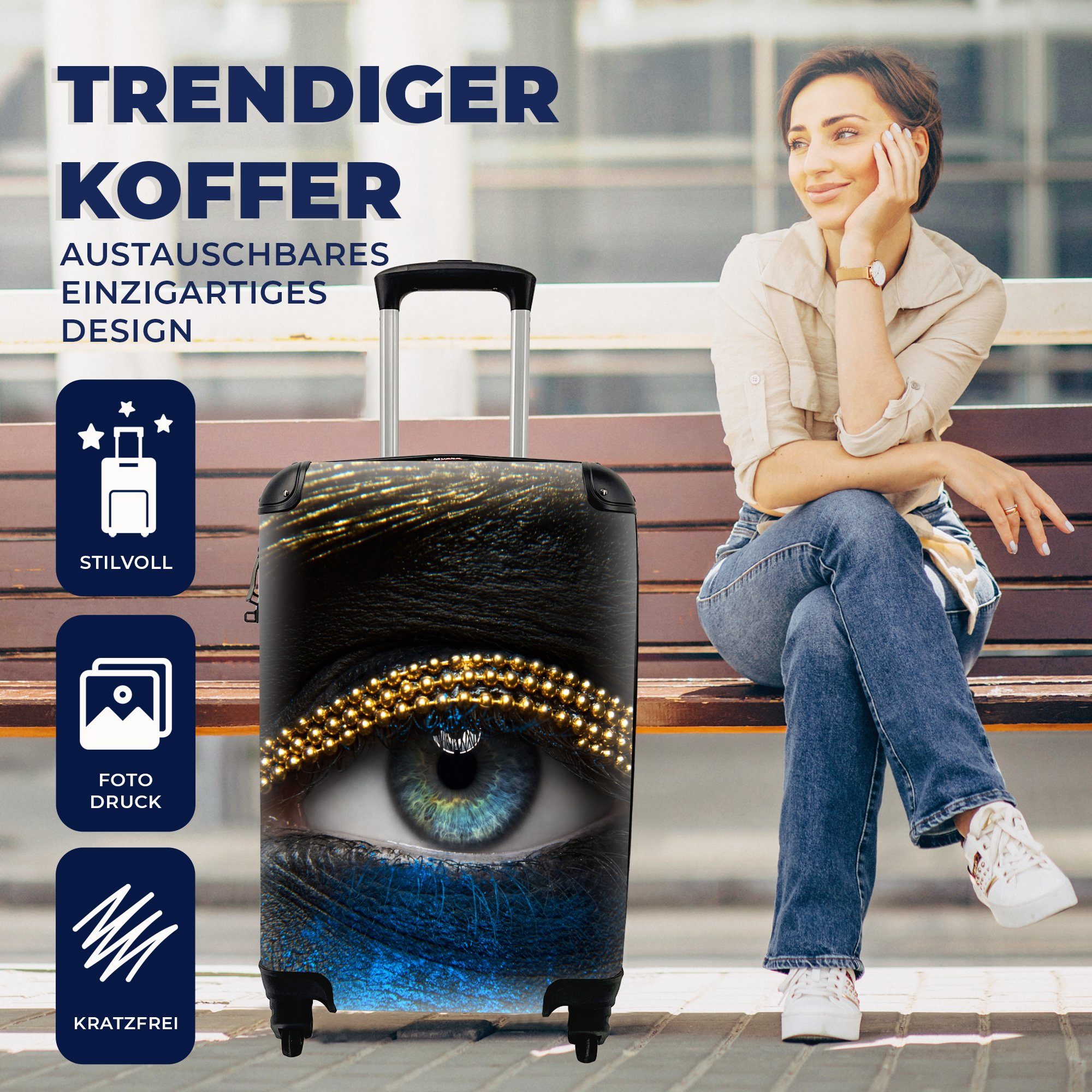 Reisetasche mit - Handgepäck Luxus 4 Rollen, Gold, Trolley, - Make-up für Reisekoffer Ferien, - MuchoWow rollen, - Augen Frau Handgepäckkoffer