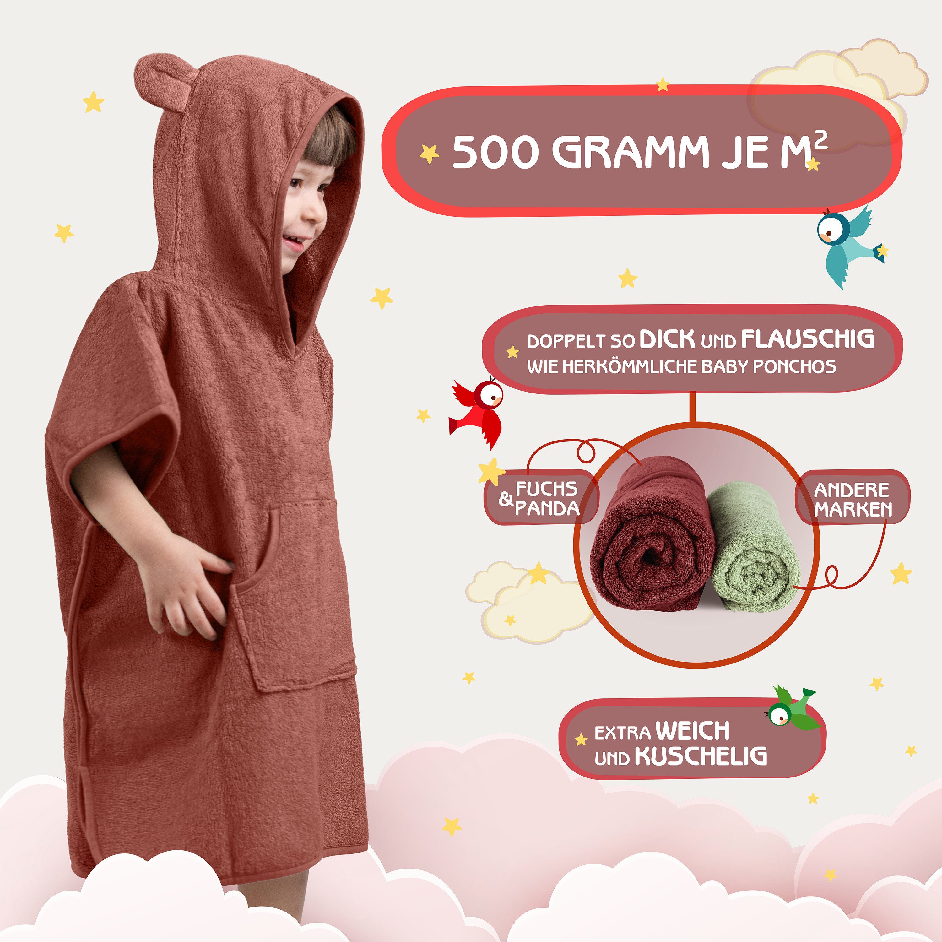 Fuchs & Panda Badeponcho Kuscheliger Badeponcho Baby und Kinder (0-4Jahre) aus 100% Bambus, 100% Bambus: Antimikrobiell, Atmungsaktiv, Hypoallergen, Superweich