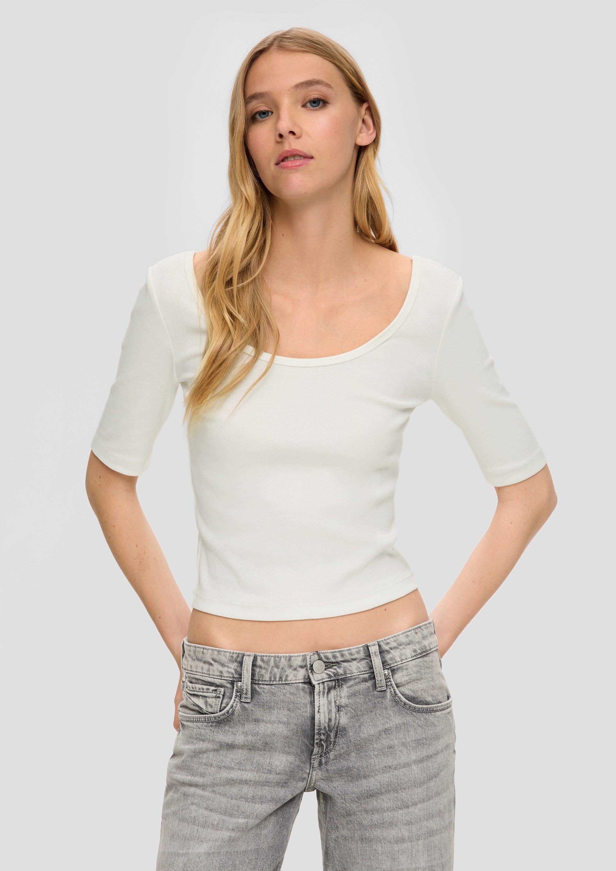 QS Kurzarmshirt T-Shirt Rippshirt mit tiefem Rundhalsausschnitt günstig online kaufen