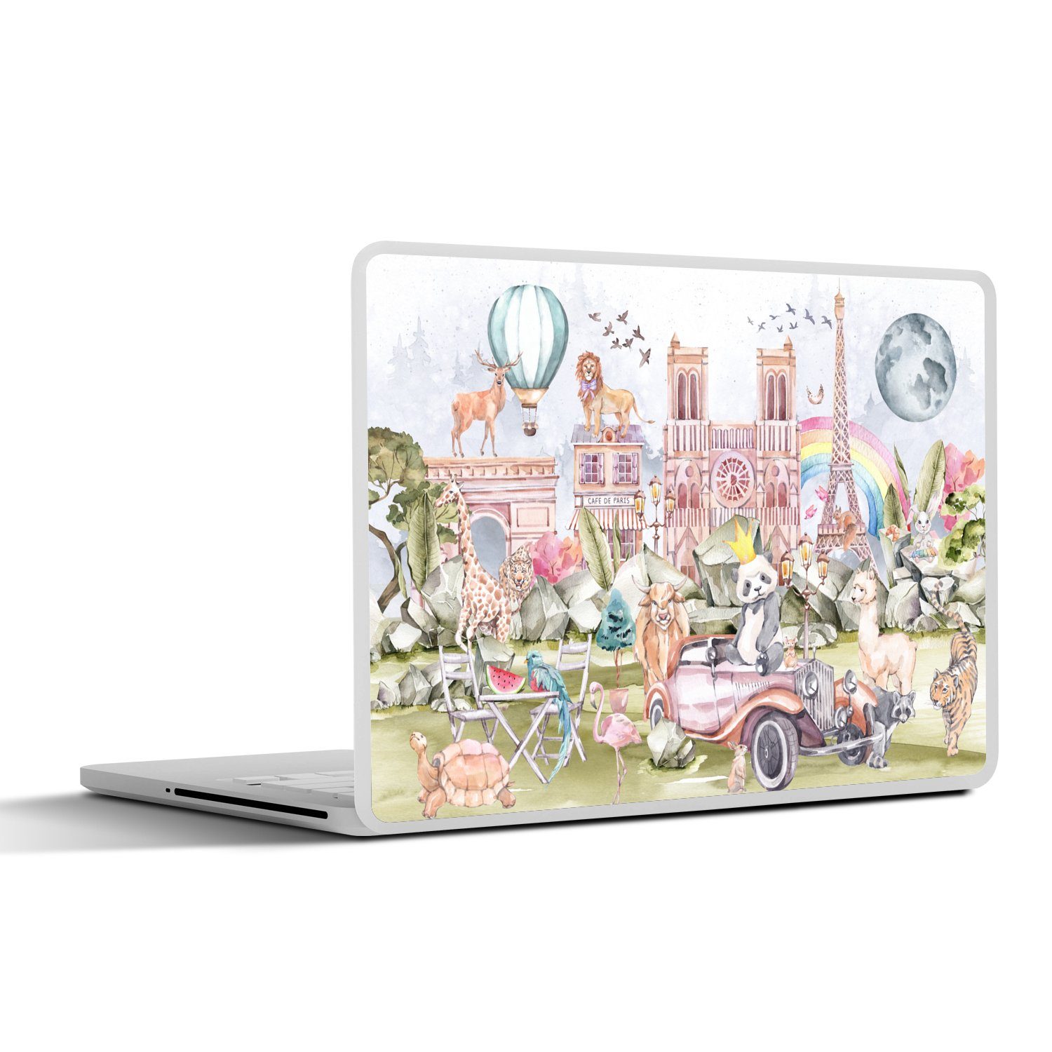 MuchoWow Laptop-Aufkleber Paris - Regenbogen - Kinder - Rosa - Mädchen - Tiere, (1tlg), Laptop Folien Cover, Aufkleber, Sticker, Schutz vor Kratzern, 30x21 cm
