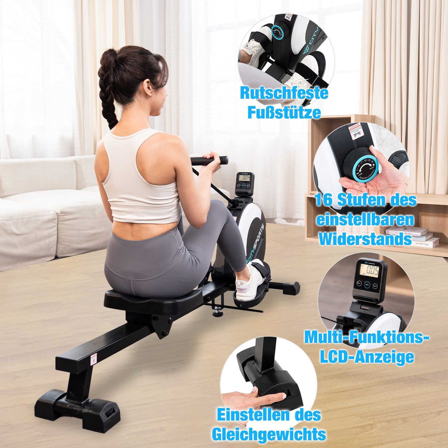 CITYSPORTS Rudergerät HC1pro/HC3 Leises Magnetisches Rudergerät für Zuhause (Mit 16 Widerstandsstufen), Mit LCD-Monitor, max 120kg,Handyhalterung, geräuscharmes Gleiten