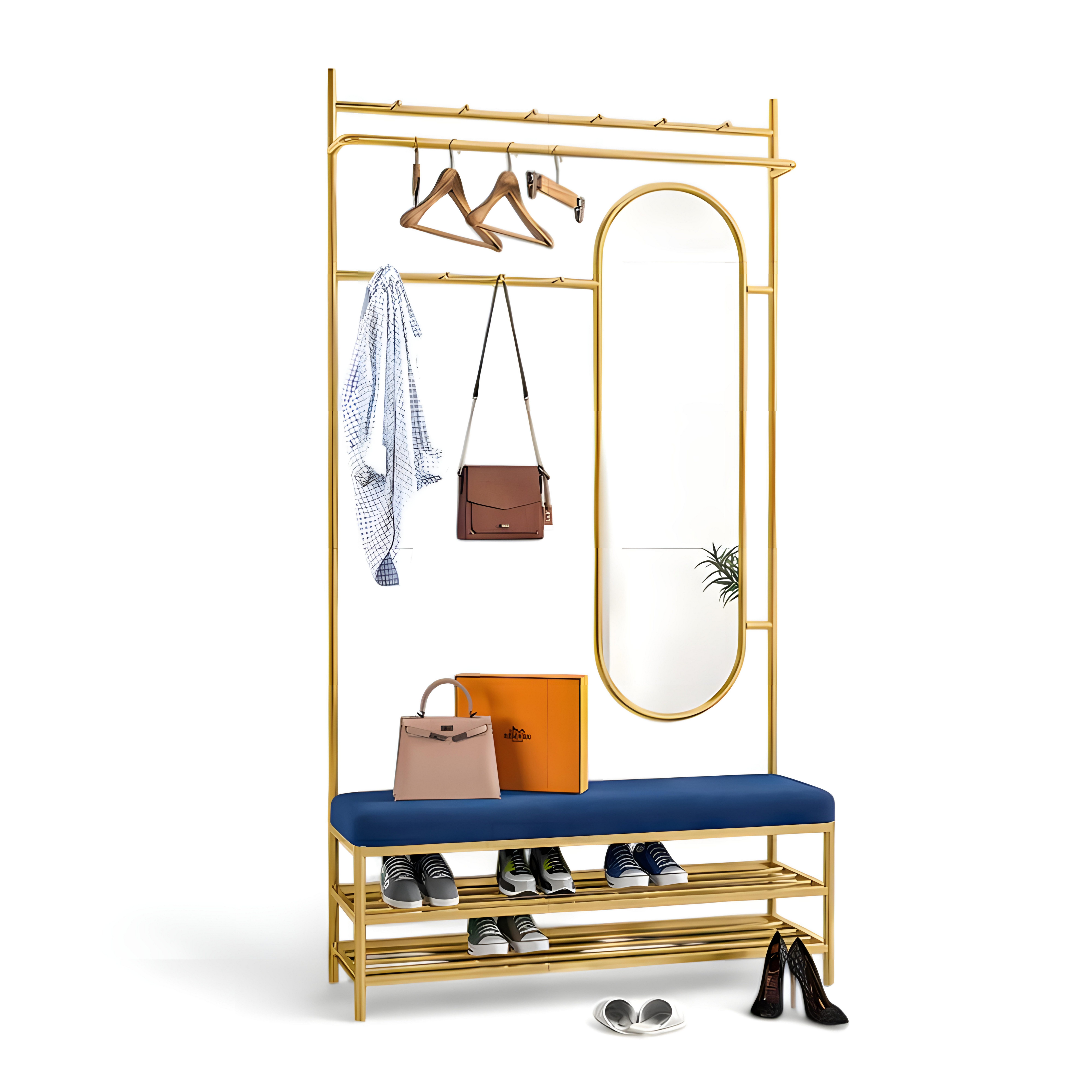 Xlmoebel Garderobe Kleiderständer in Gold mit Bank, Spiegel und Schuhregal von XLMOEBEL (1 St), Made in Europa