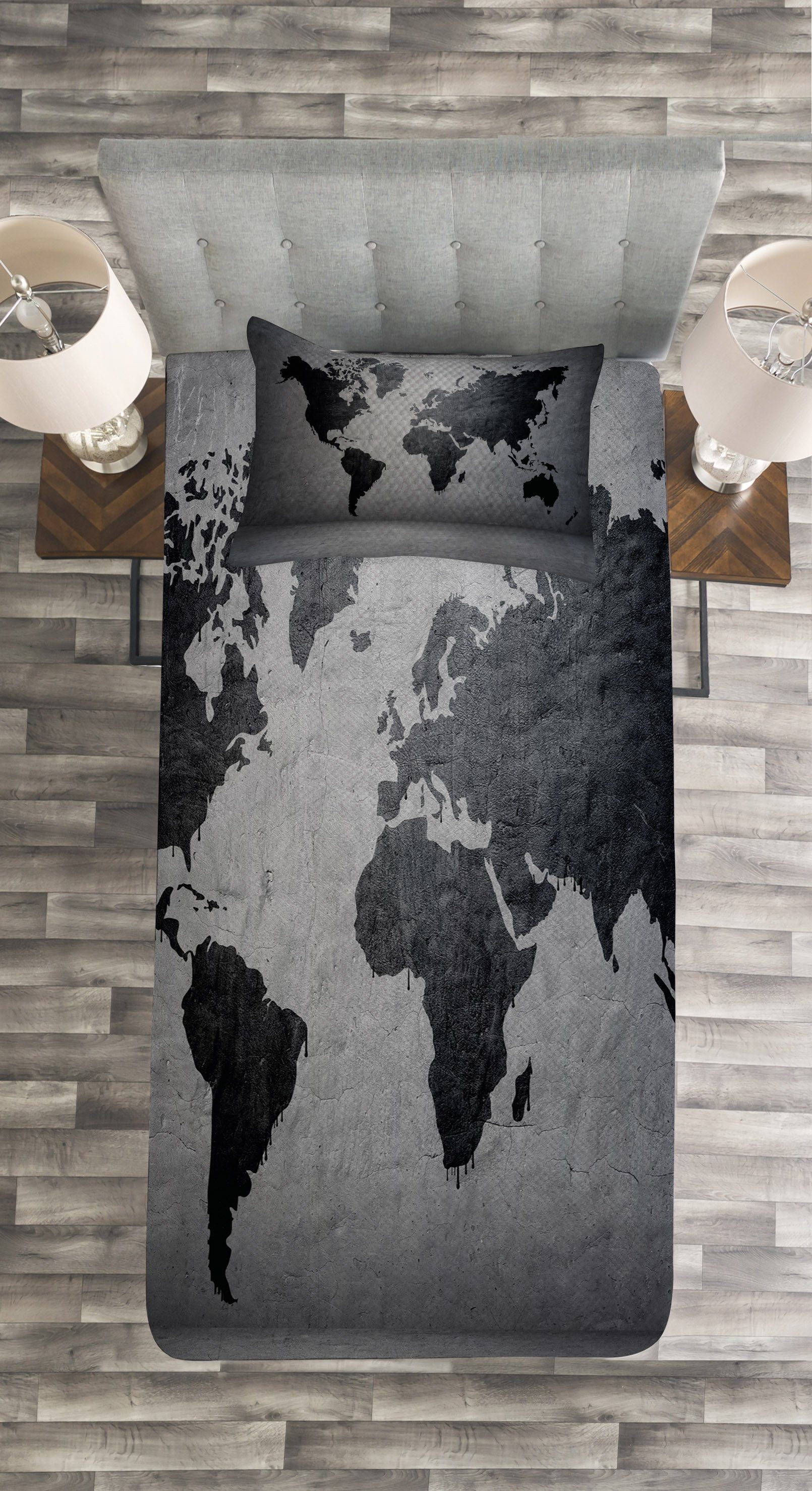 Tagesdecke Kissenbezügen an Dunkelgrau der Abakuhaus, Weltkarte Waschbar, Set Wall mit