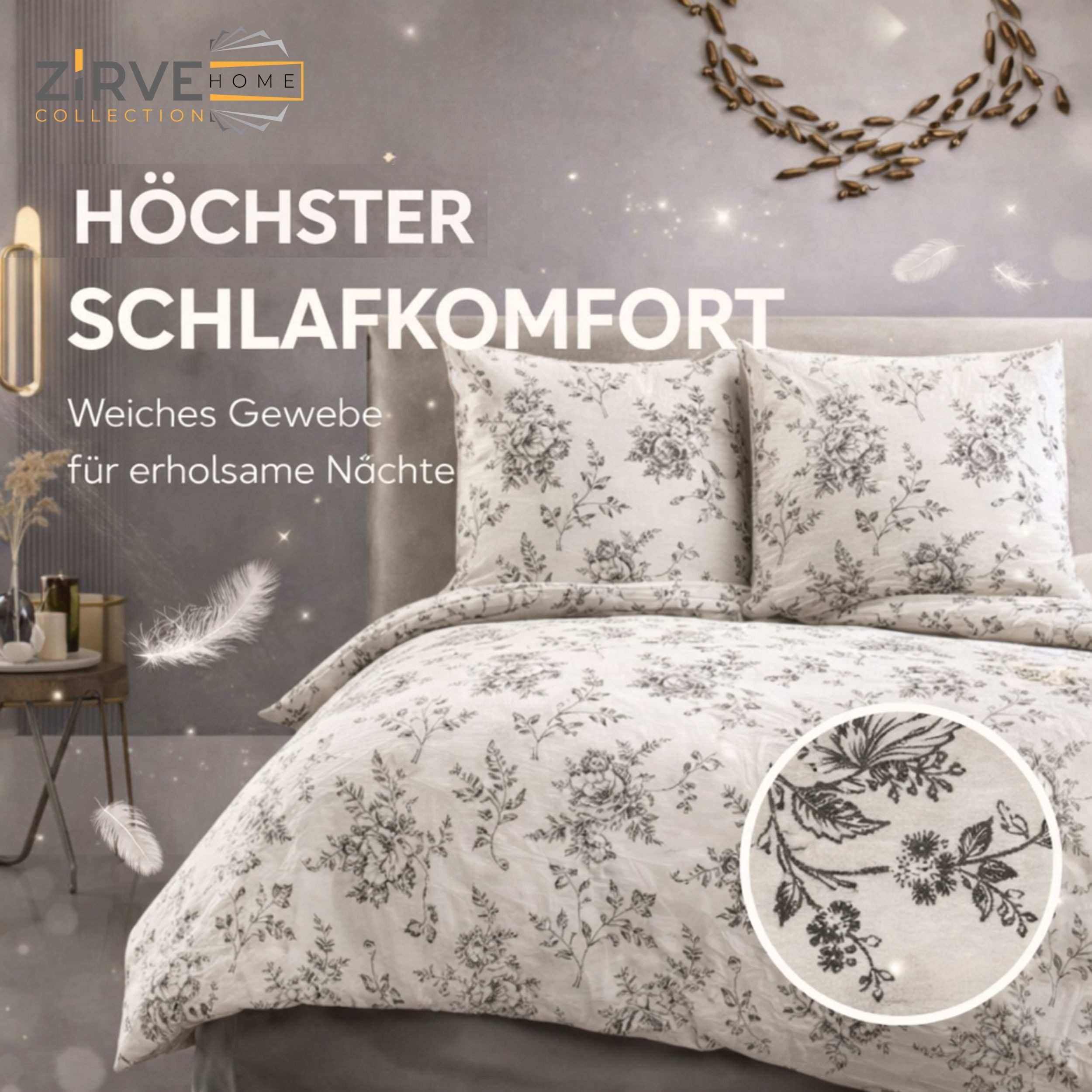 ZIRVEHOME Bettwäsche Baumwolle Bettwäsche-Set Beige Bettbezug Schwarz geblümt Evla V1, Renforce, 3 teilig, Baumwolle Bettbezug Beige mit Blumenmuster in Schwarz – Bild 3 von 5