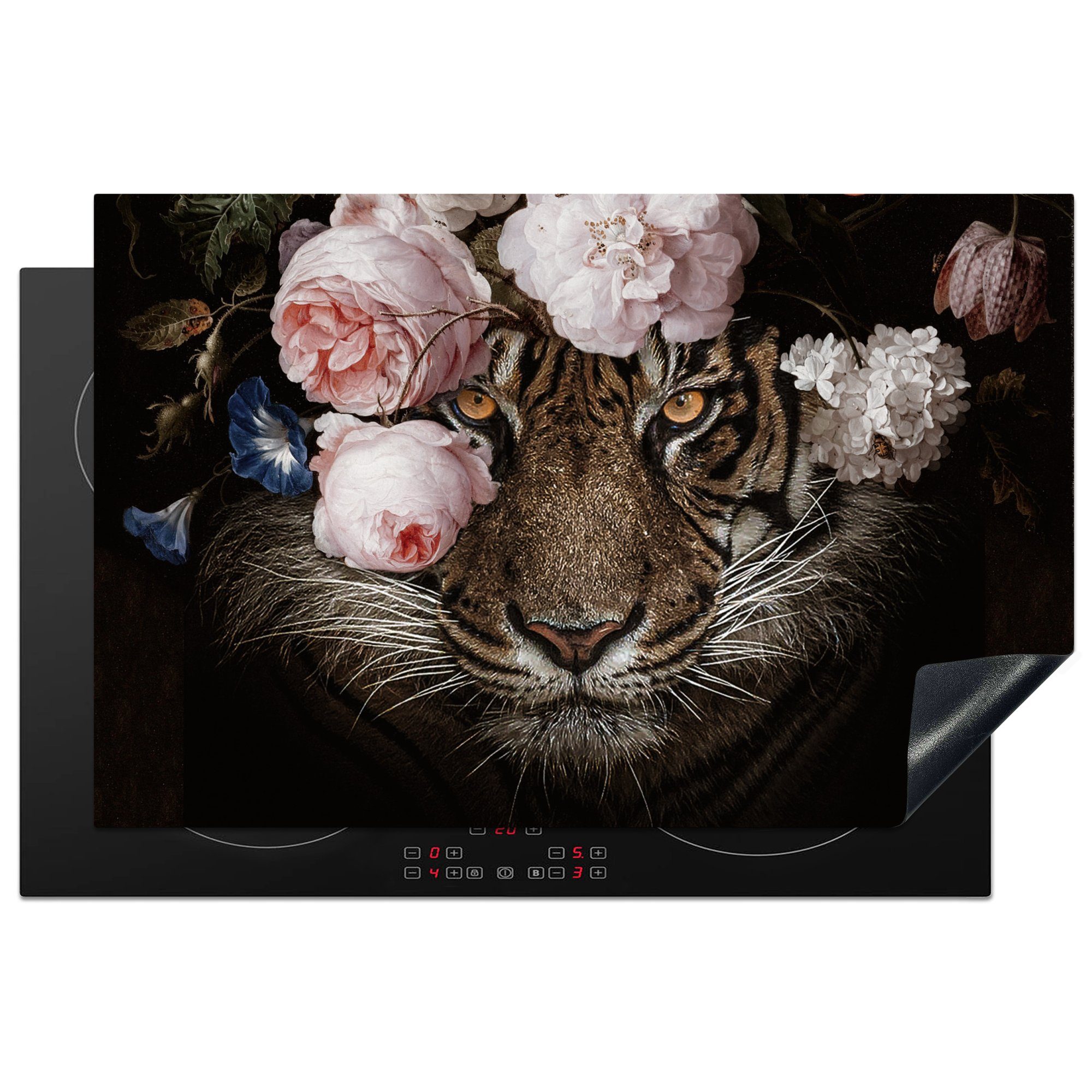 MuchoWow Herdblende-/Abdeckplatte Tiger - Blumen - Porträt, Vinyl, (1 tlg), 81x52 cm, Induktionskochfeld Schutz für die küche, Ceranfeldabdeckung