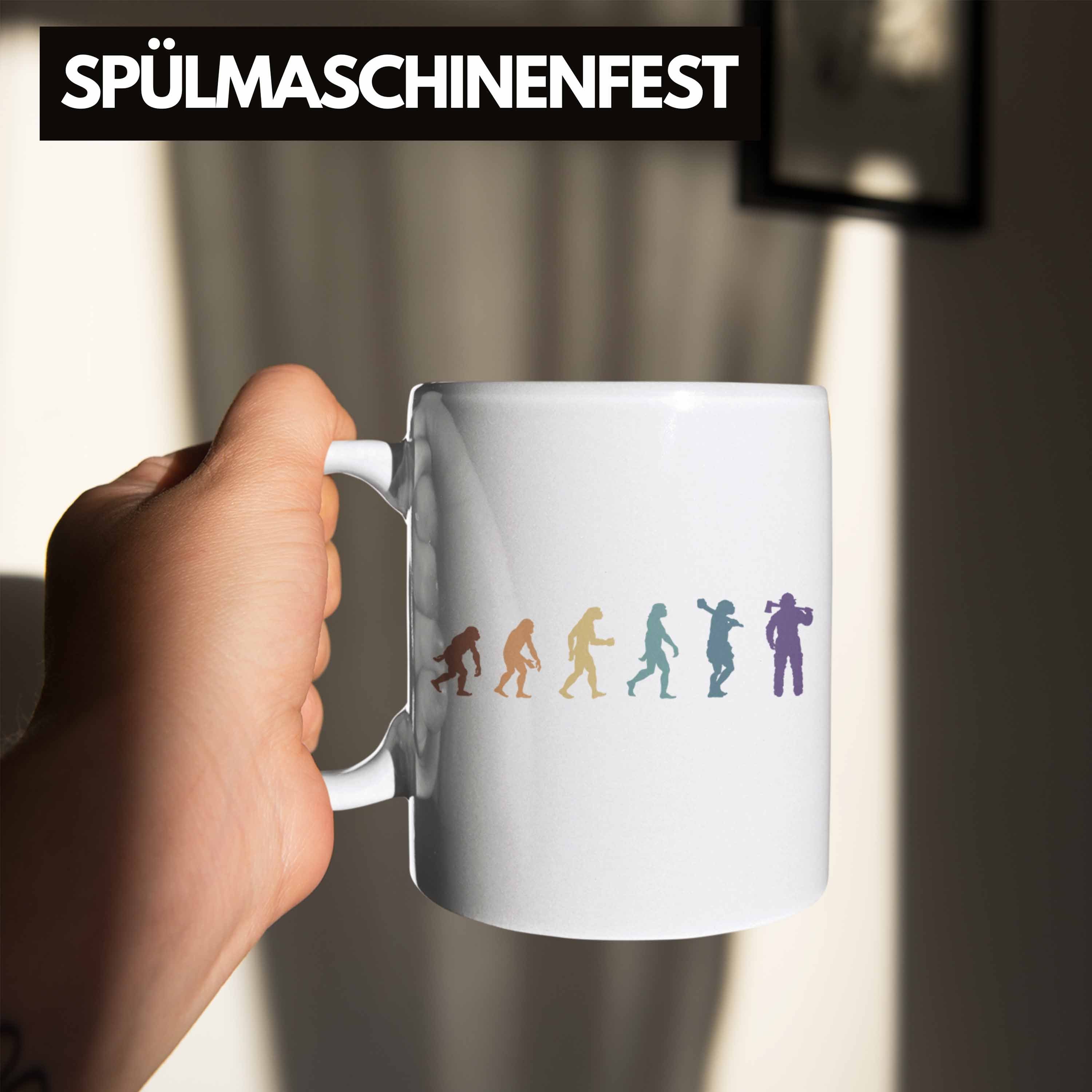 Trendation Tasse Trendation - Männer Evolution Feuerwehrmann Spruch Feuerwehr Geburtstag Weiss Tasse Grafik für Geschenk