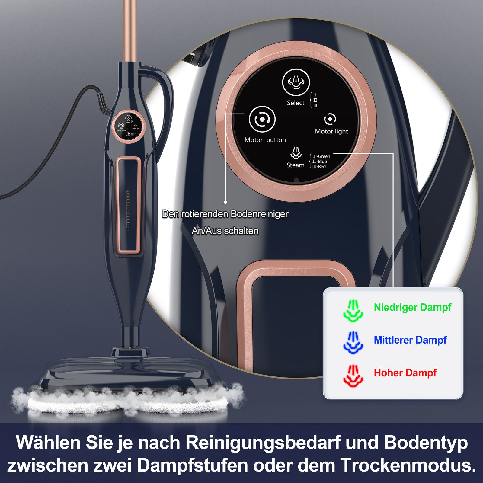 INSE Dampfreiniger VM6, 1300W, beutellos, 3 Dampfmodi, LED-Display, 15S, 5m Kabel, 1300 W, beutellos, 8-in-1 rotierenden Pads,Freistehfunktion,für verschiedene Bodenarten