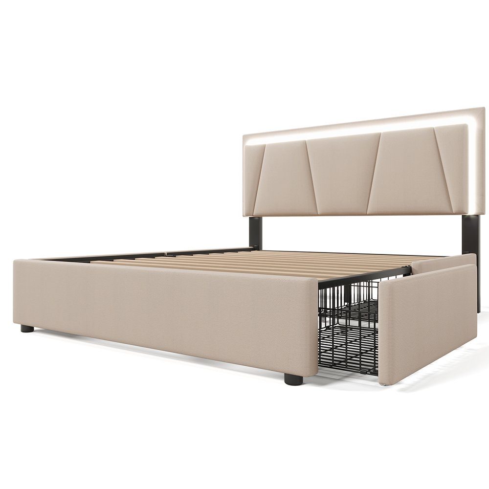 Polsterbett (Stauraumbett, mit Matratze), Doppelbett 160x200cm mit LED-Beleuchtung und 4 Schubladen