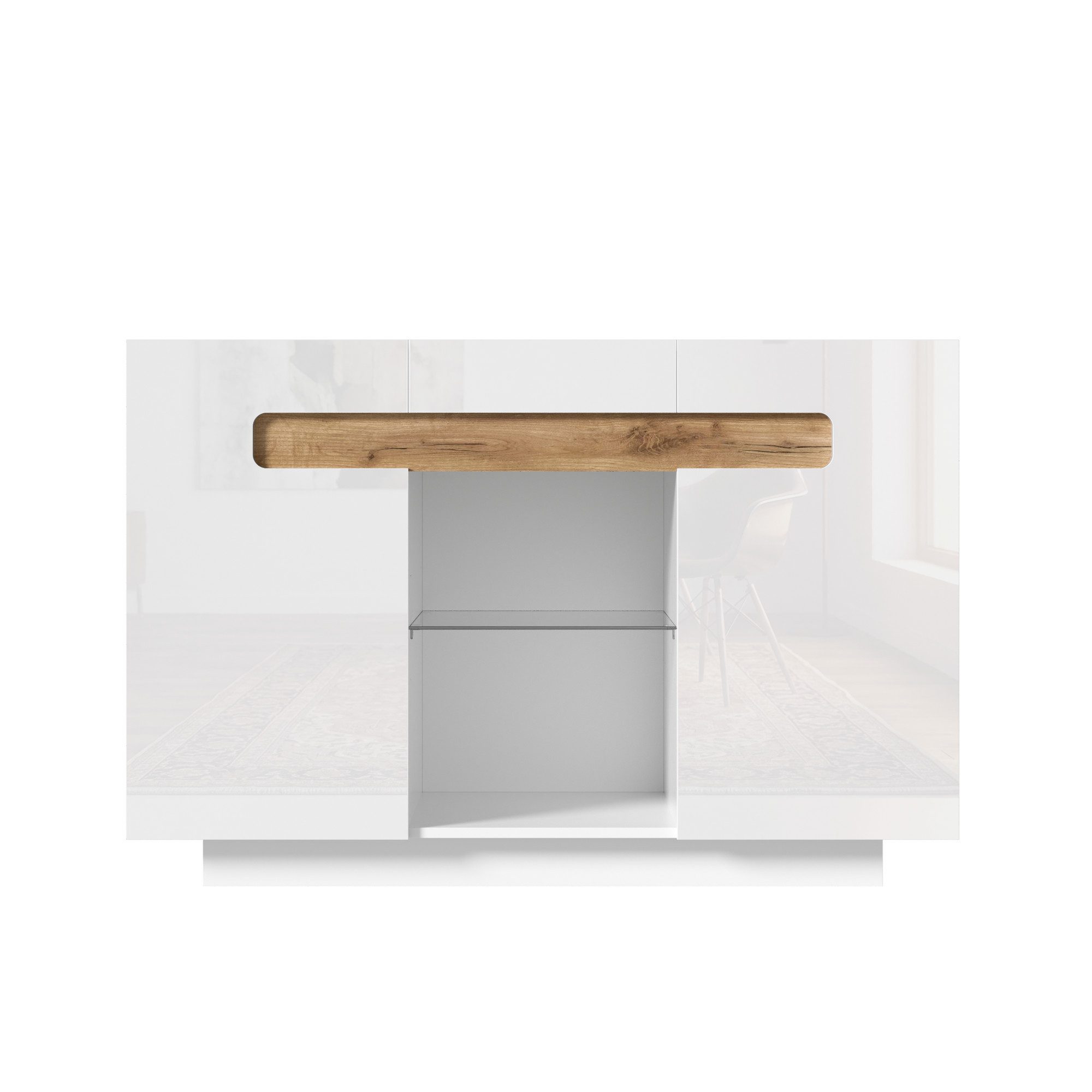 STILVORA Sideboard Aufbewahrungsschrank Buffetschrank mit vier Regalböden (LED-Sideboard mit Hochglanzfront, Glasböden und MDF-Korpus, 120×40×80cm, 4 Fächer, offene Ablagen, stabile Spanplatte), Für Wohnzimmer, Küche und Flur geeignet