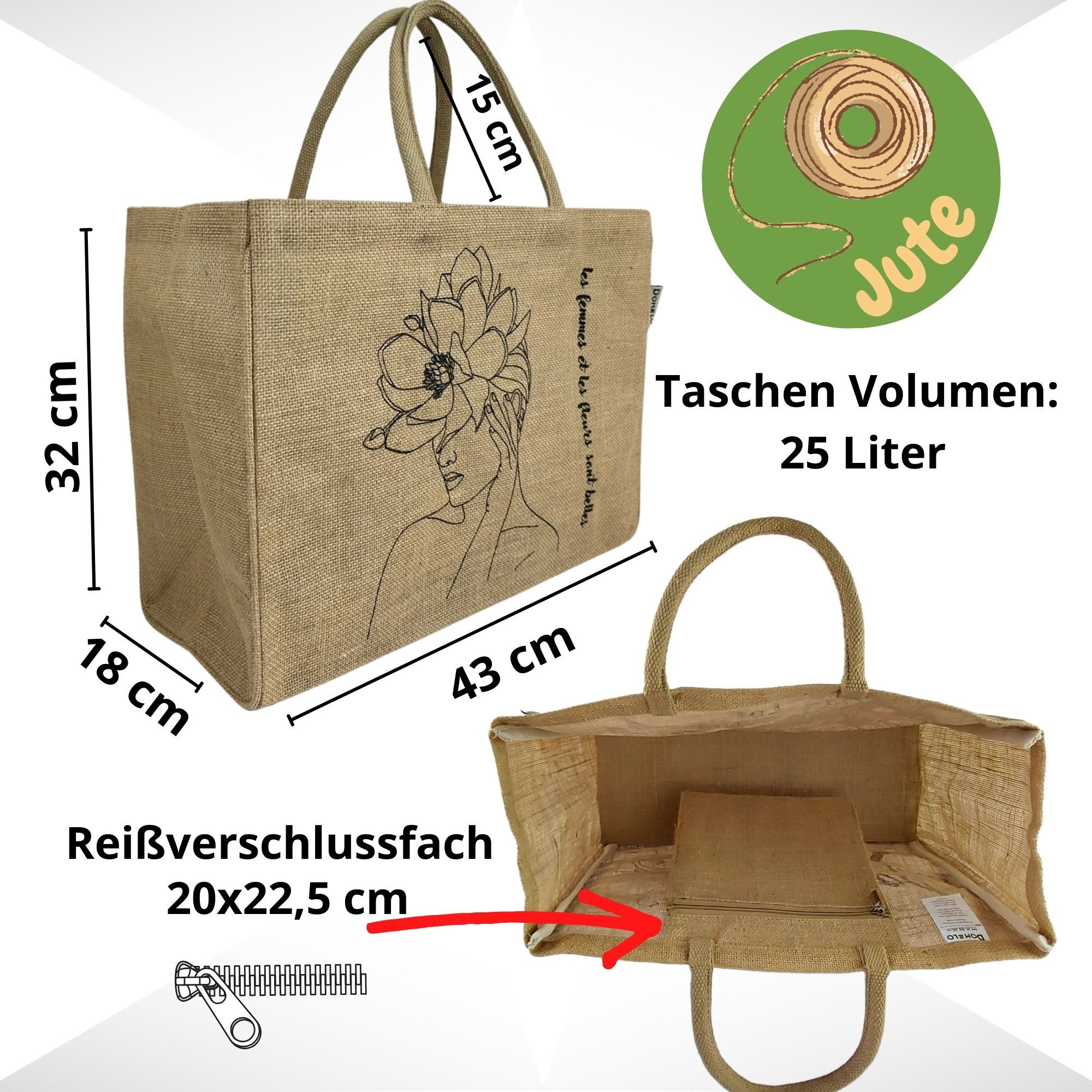 Domelo Einkaufskorb Jute, Vegan Einkaufstasche, Korbtasche, Shopping bag, Aufdruck