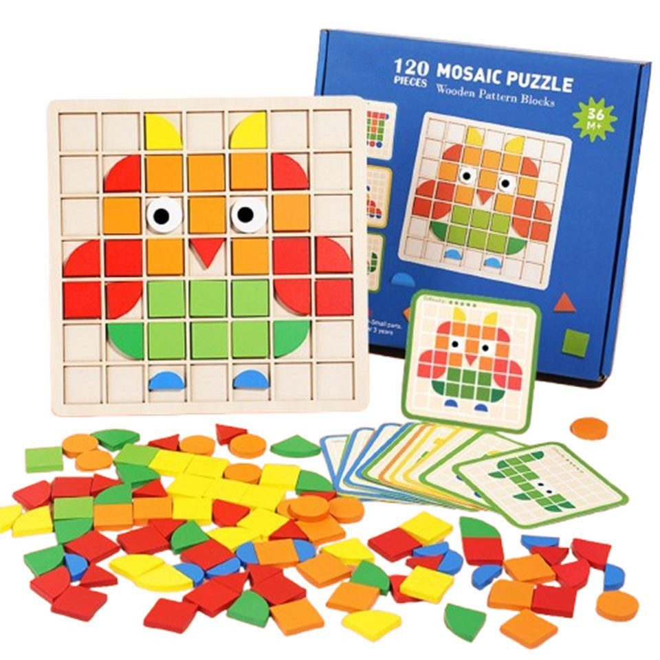 Sorvyzxn 3D-Puzzle 120pcs Kreative Mosaik-Puzzle,Hölzerne Muster Blöcke Set, Puzzleteile, Puzzleteile, Form Matching Game,Montessori Spielzeug ab 3 4 5 6 Jahre